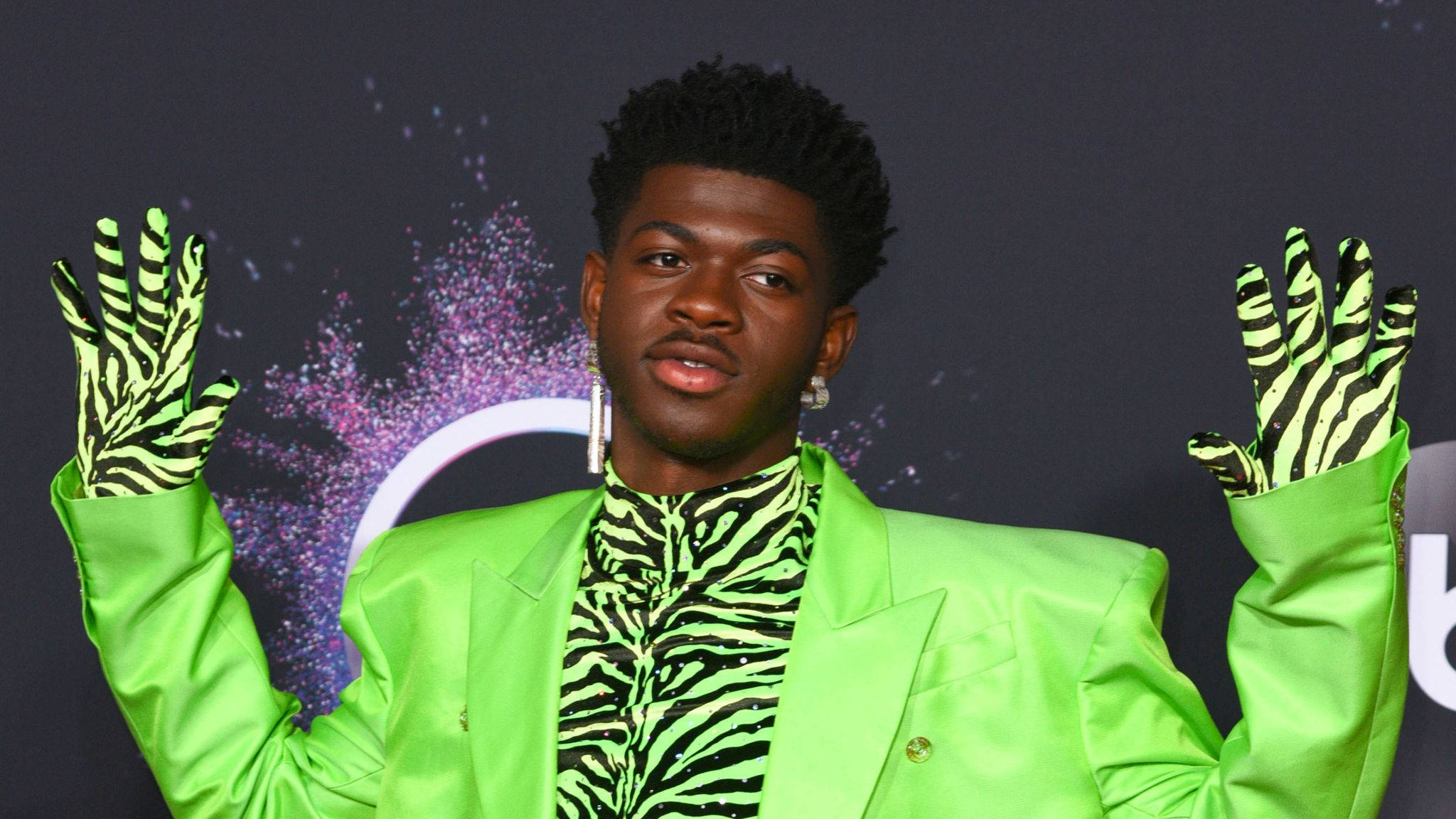 Lil Nas X, bright green suit, zebra-print gloves, Full HD Desktop Wallpaper