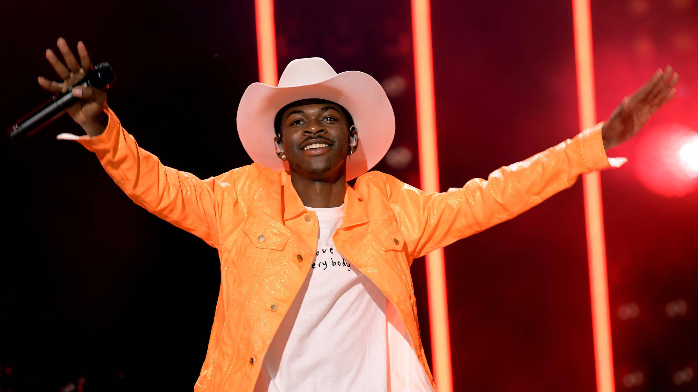Lil Nas X, white cowboy hat, bright orange jacket, Full HD Desktop Wallpaper