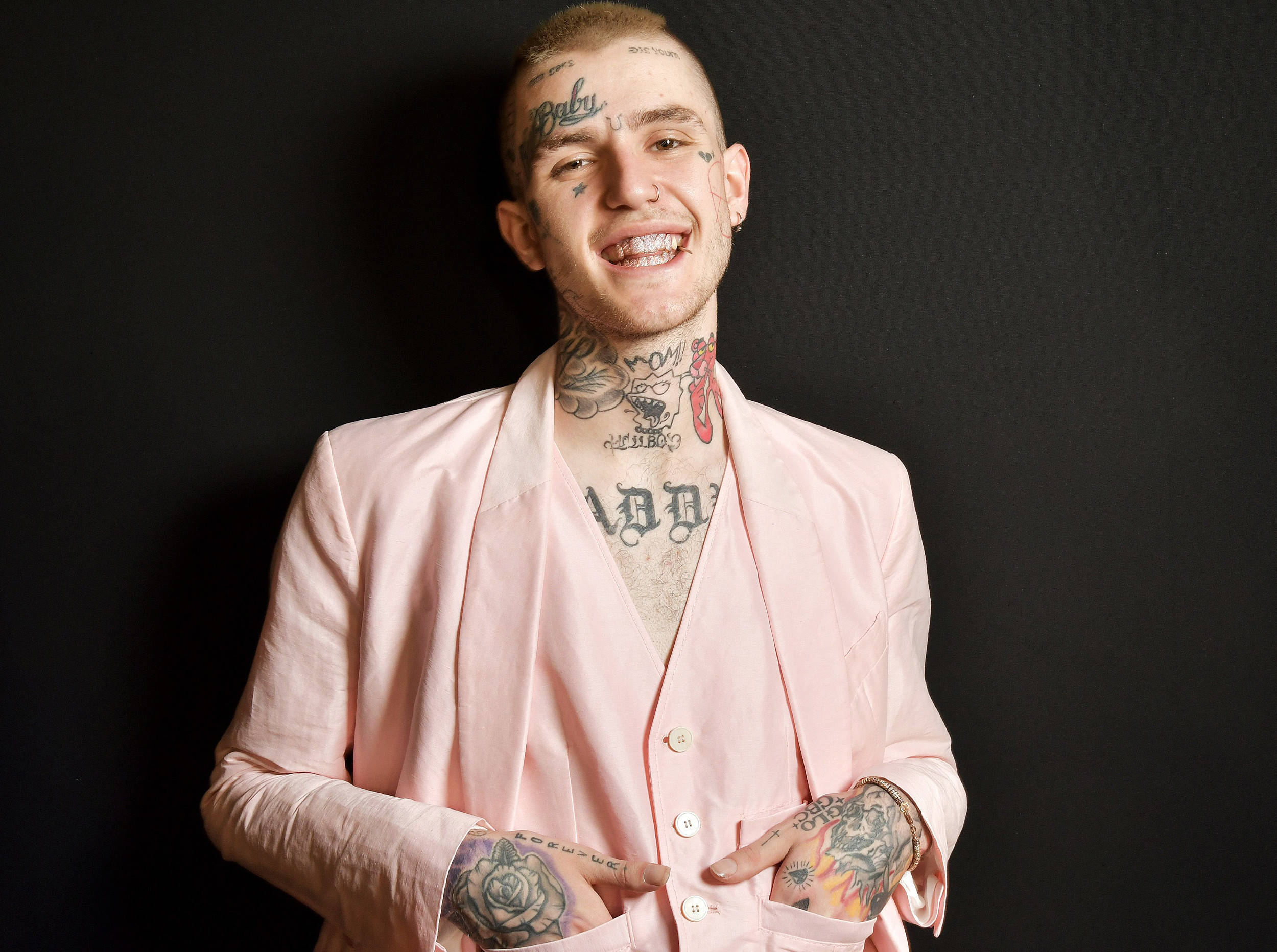 Lil Peep, pink suit, black background, Full HD Desktop Wallpaper