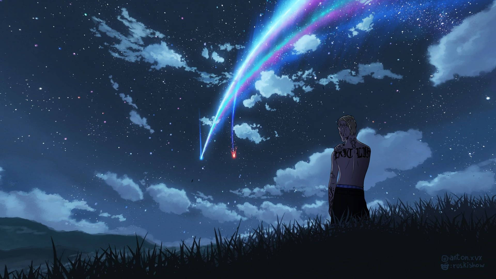 Lil Peep, anime figure, grassy field, Full HD Desktop Wallpaper