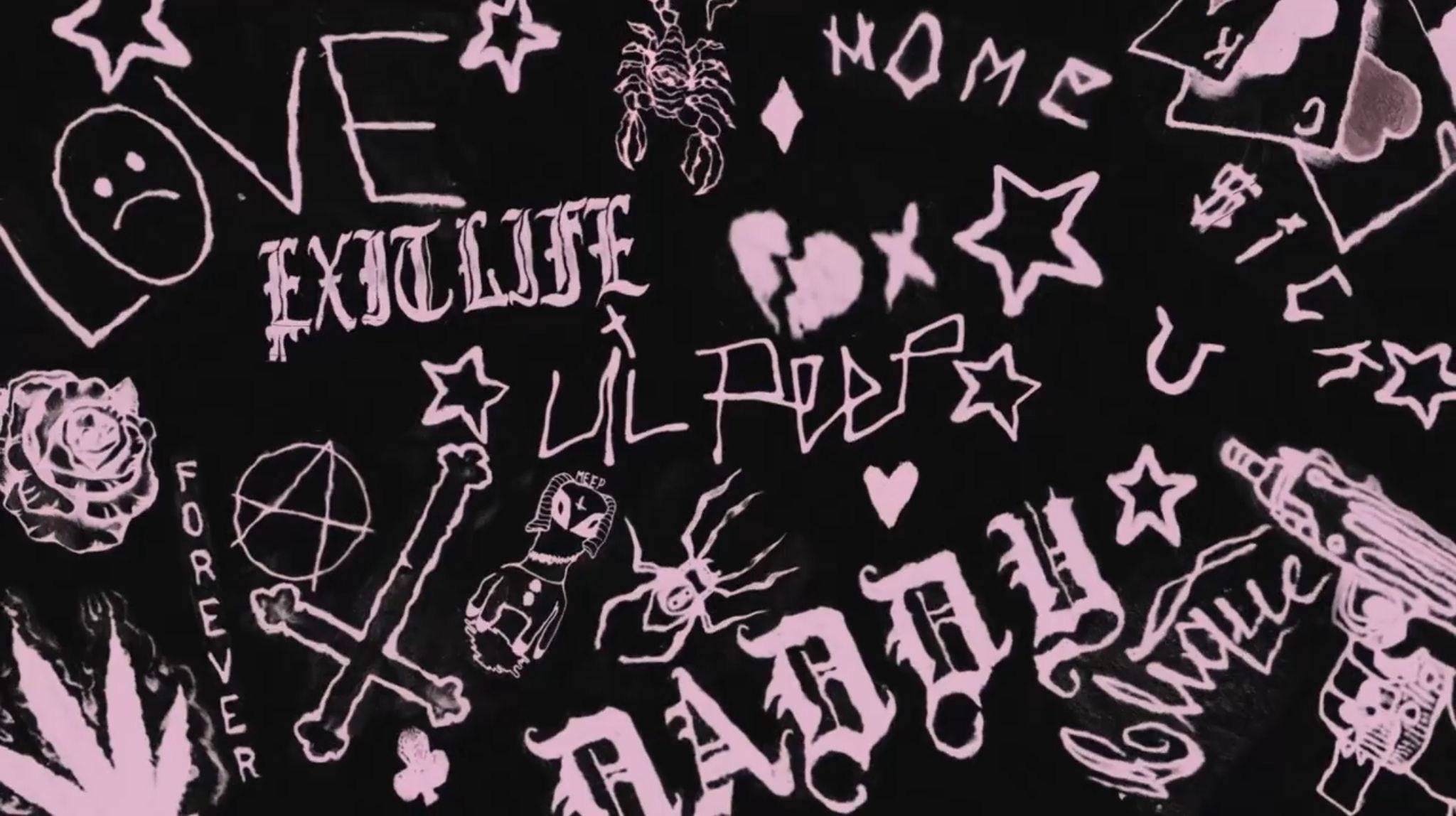 Lil Peep, pink graffiti-style doodles, roses, Full HD Desktop Wallpaper