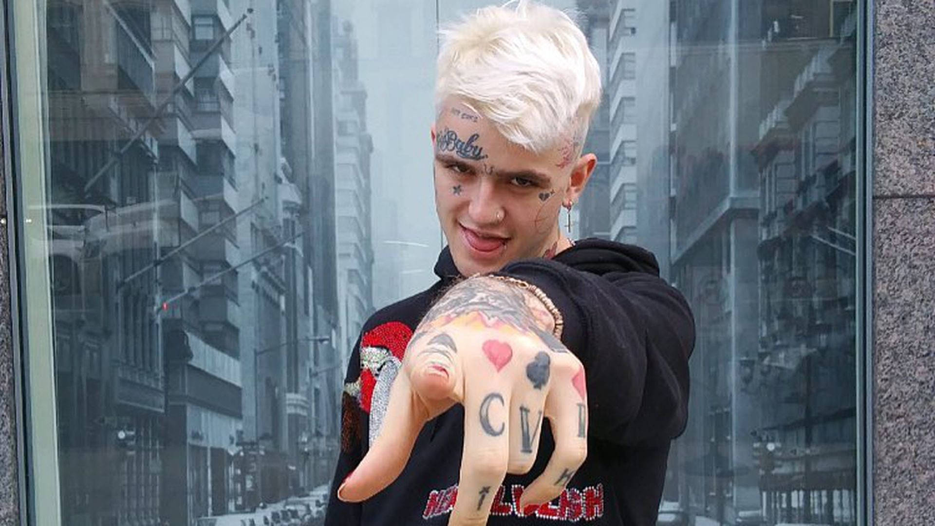 Lil Peep, platinum blonde hair, tattoos on face and hand, Full HD Desktop Wallpaper