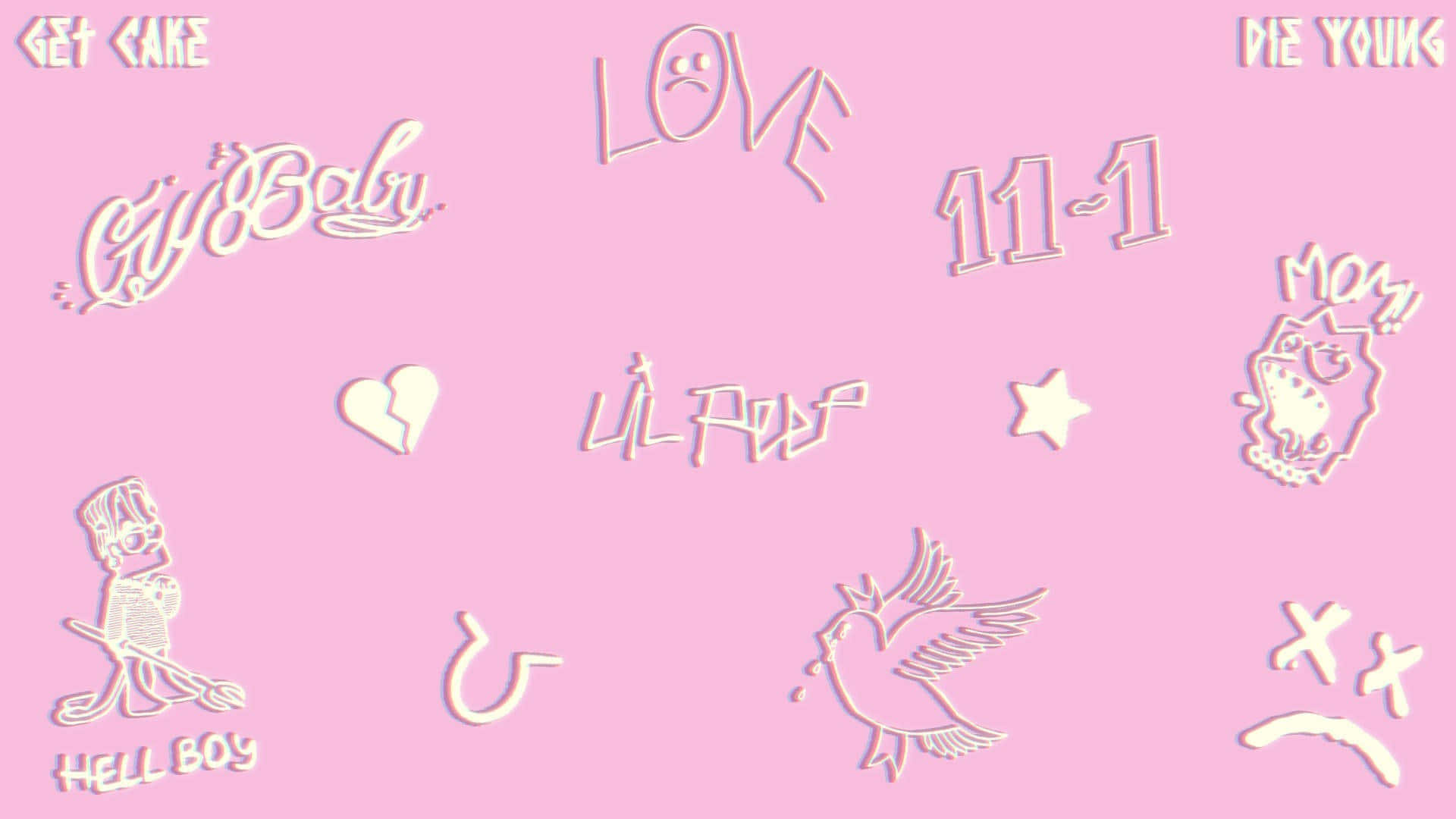 Lil Peep, pink background, white outlined doodles, Full HD Desktop Wallpaper