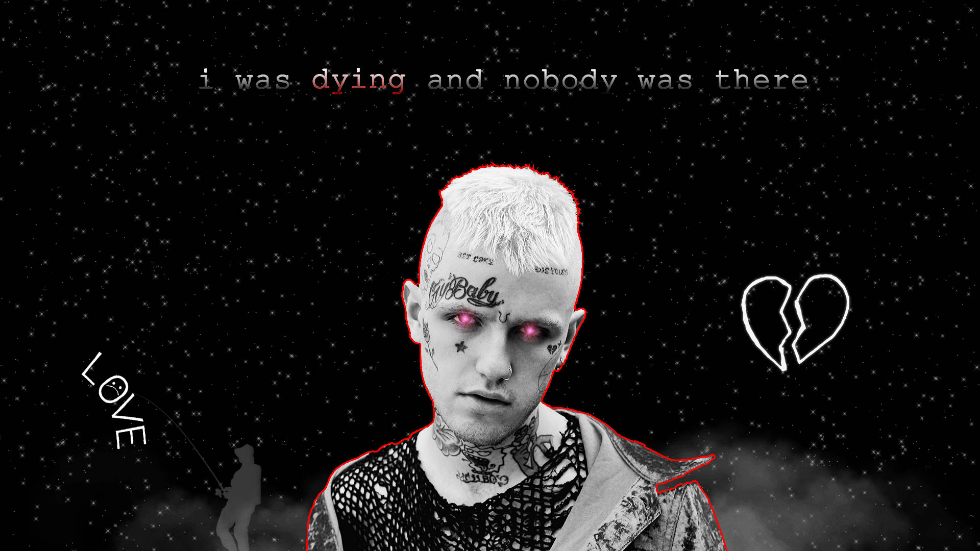 Lil Peep, glowing red eyes, starry black background, Full HD Desktop Wallpaper