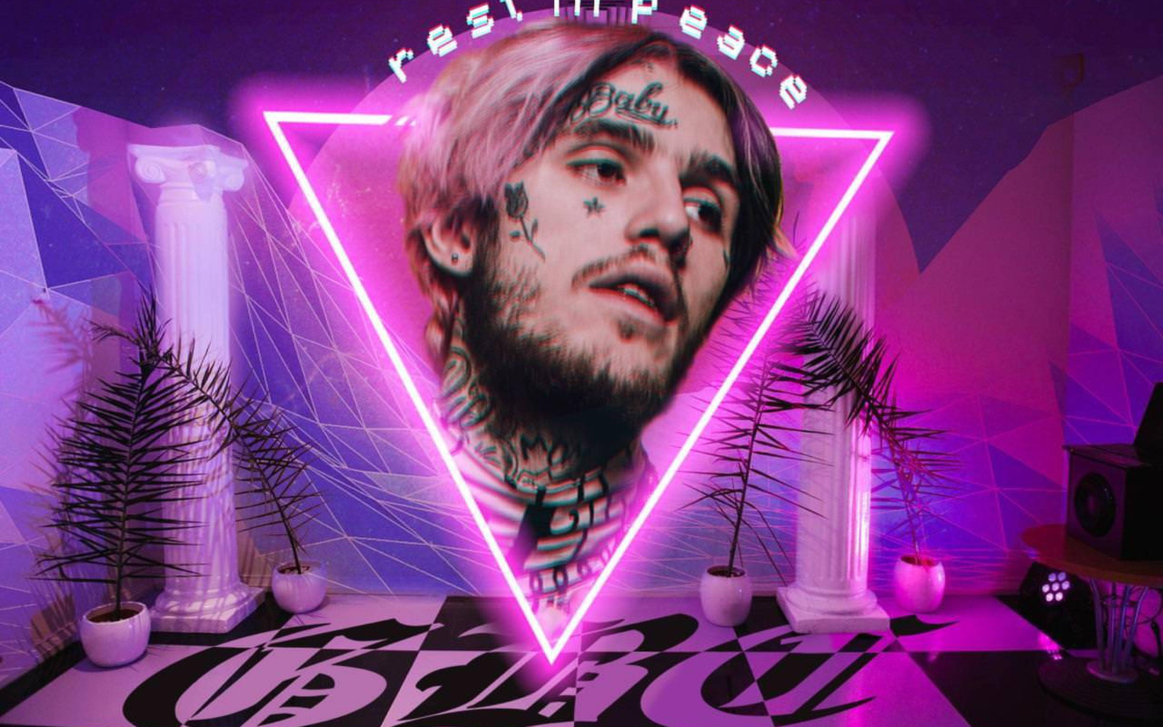 Lil Peep, glowing pink neon triangle, purple geometric room, 4K Desktop Wallpaper