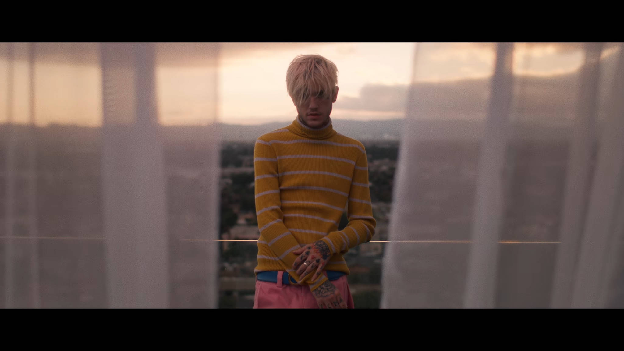 Lil Peep, yellow striped turtleneck, sheer curtains, Full HD Desktop Wallpaper