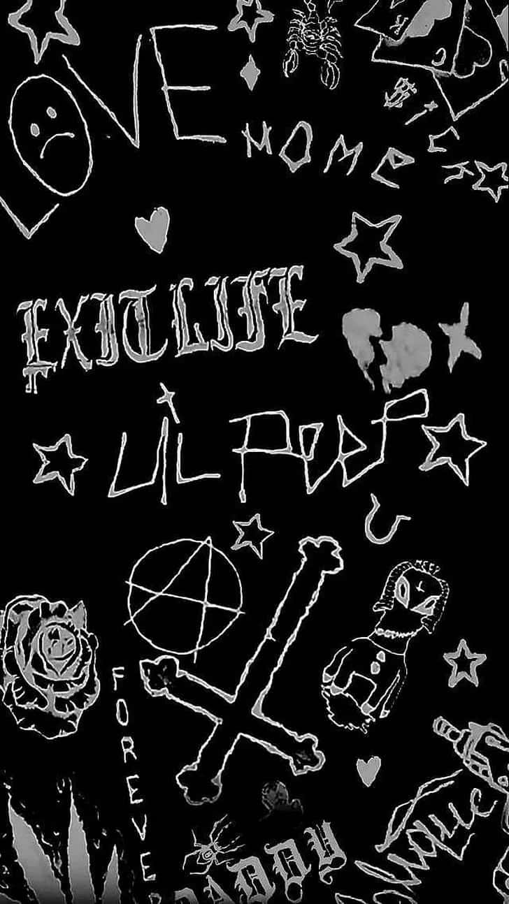 Lil Peep, black background, white graffiti-style doodles, HD Phone Wallpaper