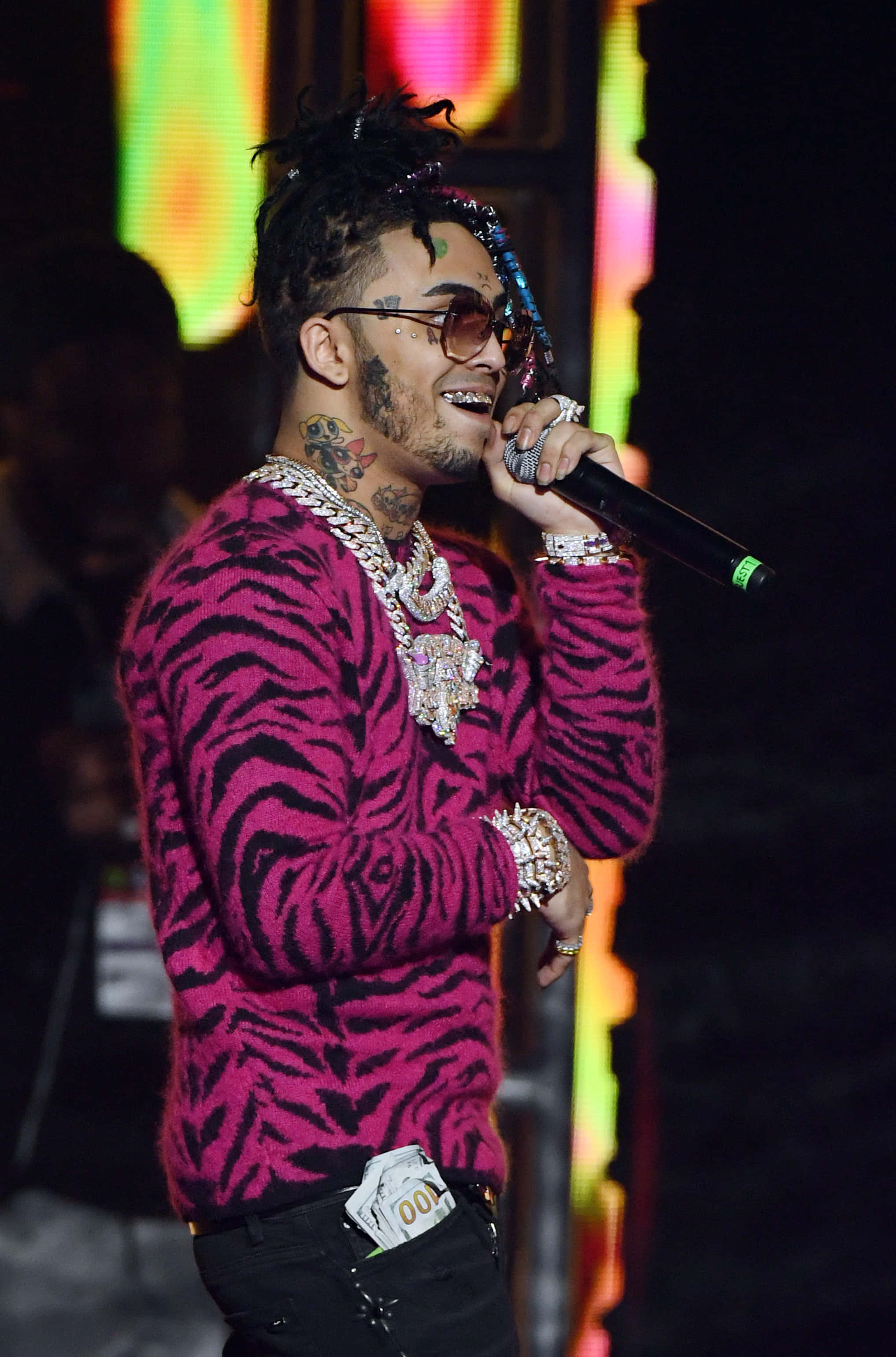 Lil Pump, vibrant pink zebra-print sweater, glowing neon lights, 2K Phone Wallpaper