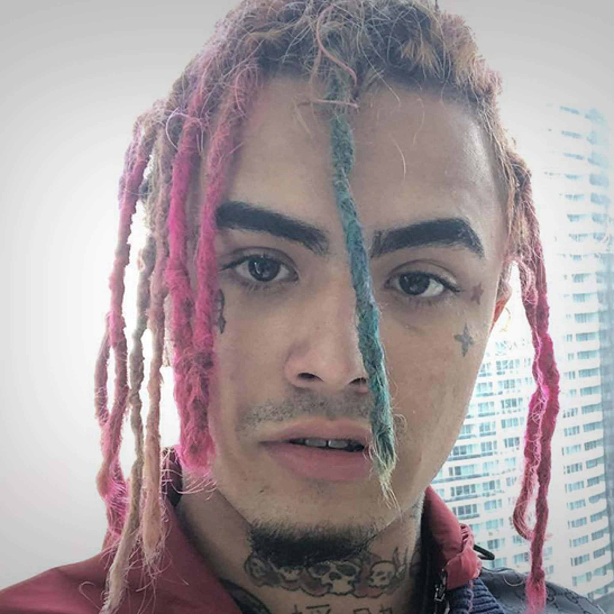 Lil Pump, vibrant pink and teal dreadlocks, facial tattoos, Full HD Desktop Wallpaper