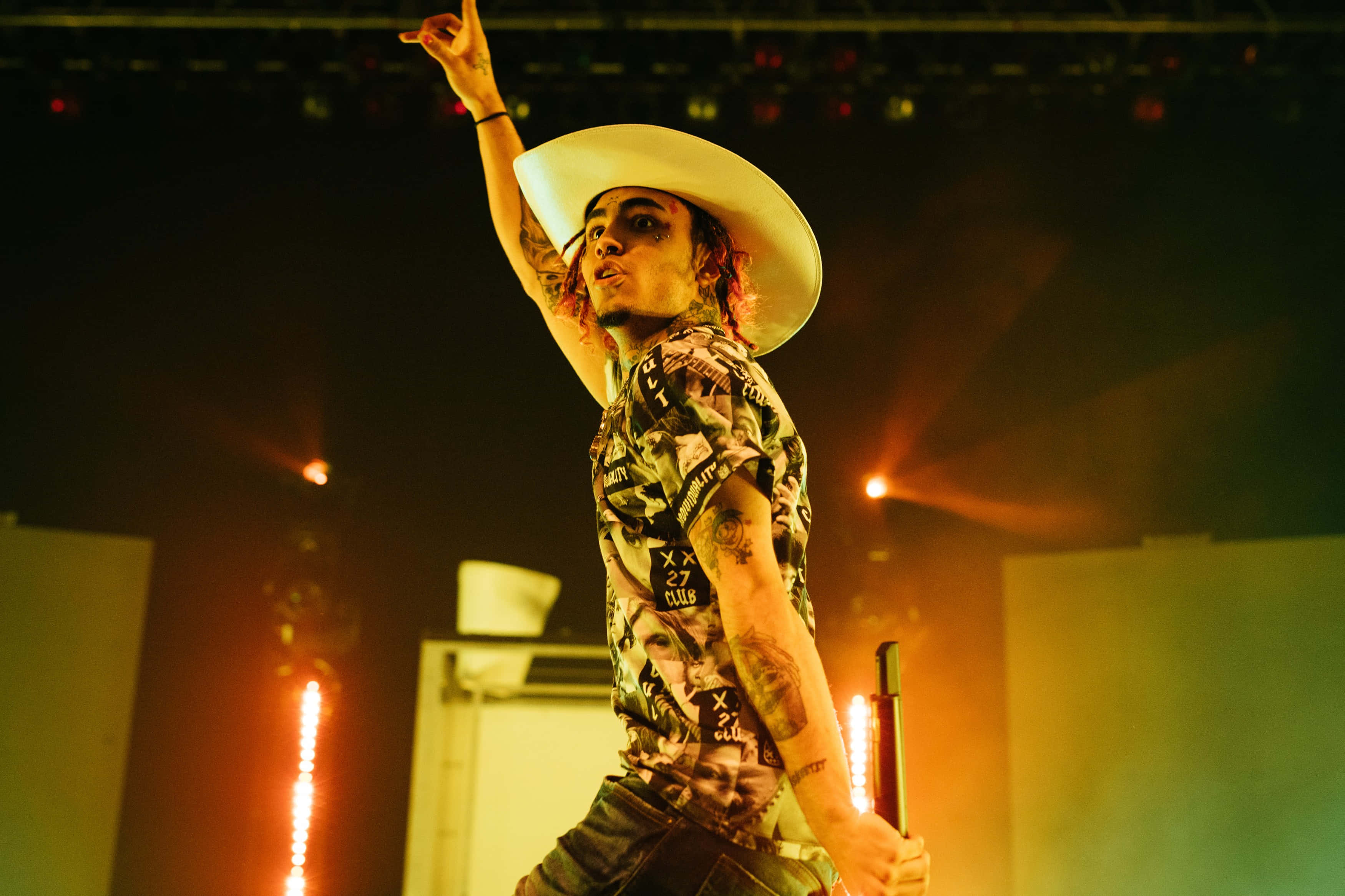 Lil Pump, white cowboy hat, patterned shirt, 2K Desktop Wallpaper