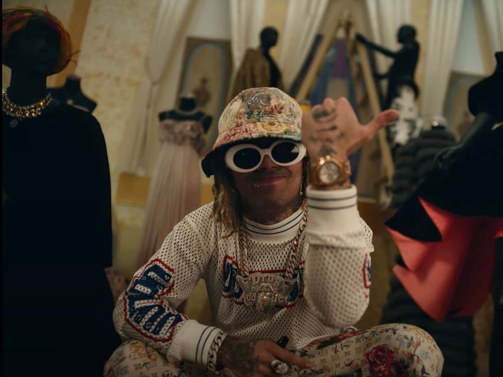 Lil Pump, floral bucket hat, white mesh outfit, HD Desktop Wallpaper