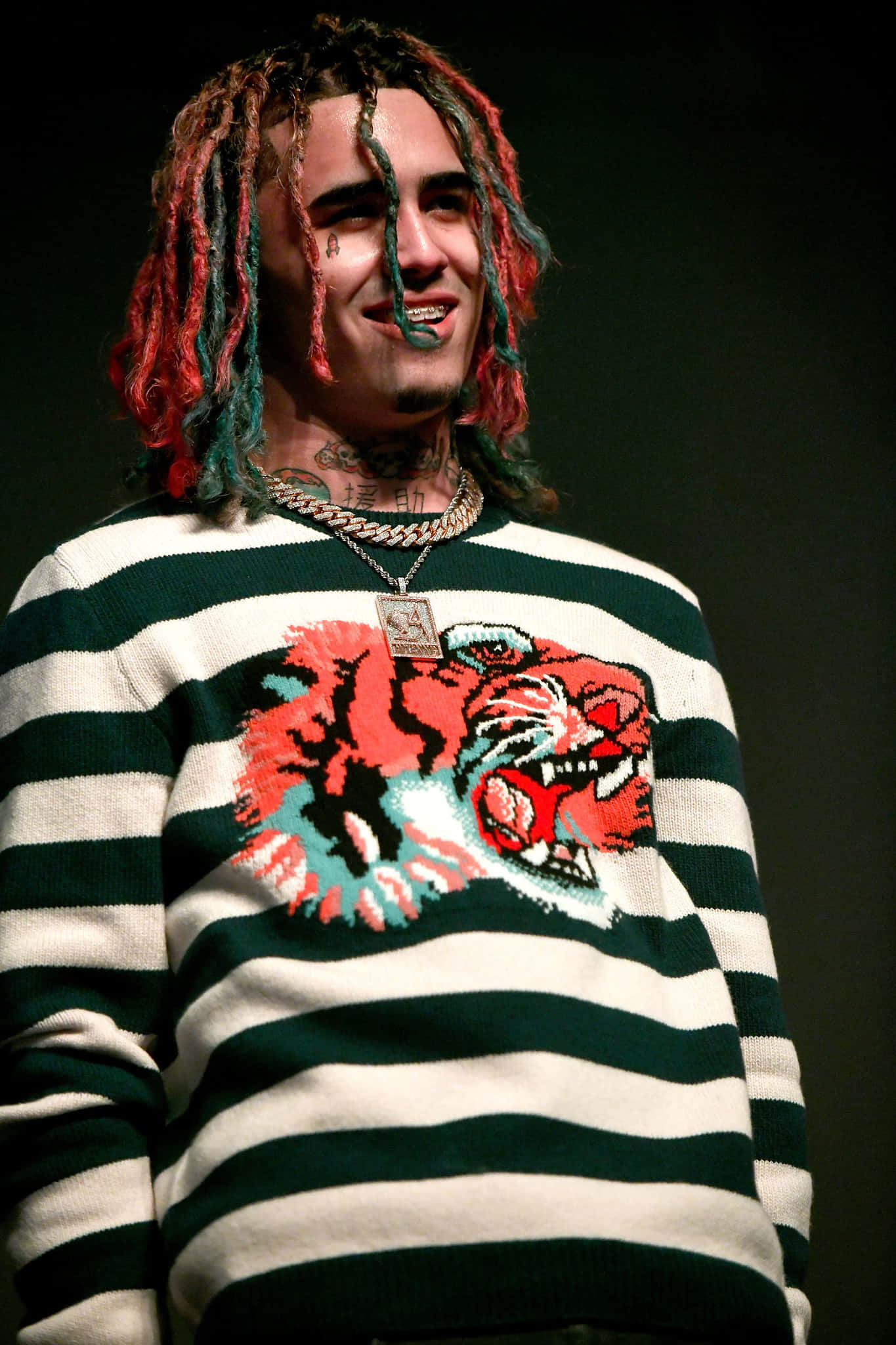 Lil Pump, colorful dreadlocks, green and white striped sweater, Full HD Phone Wallpaper