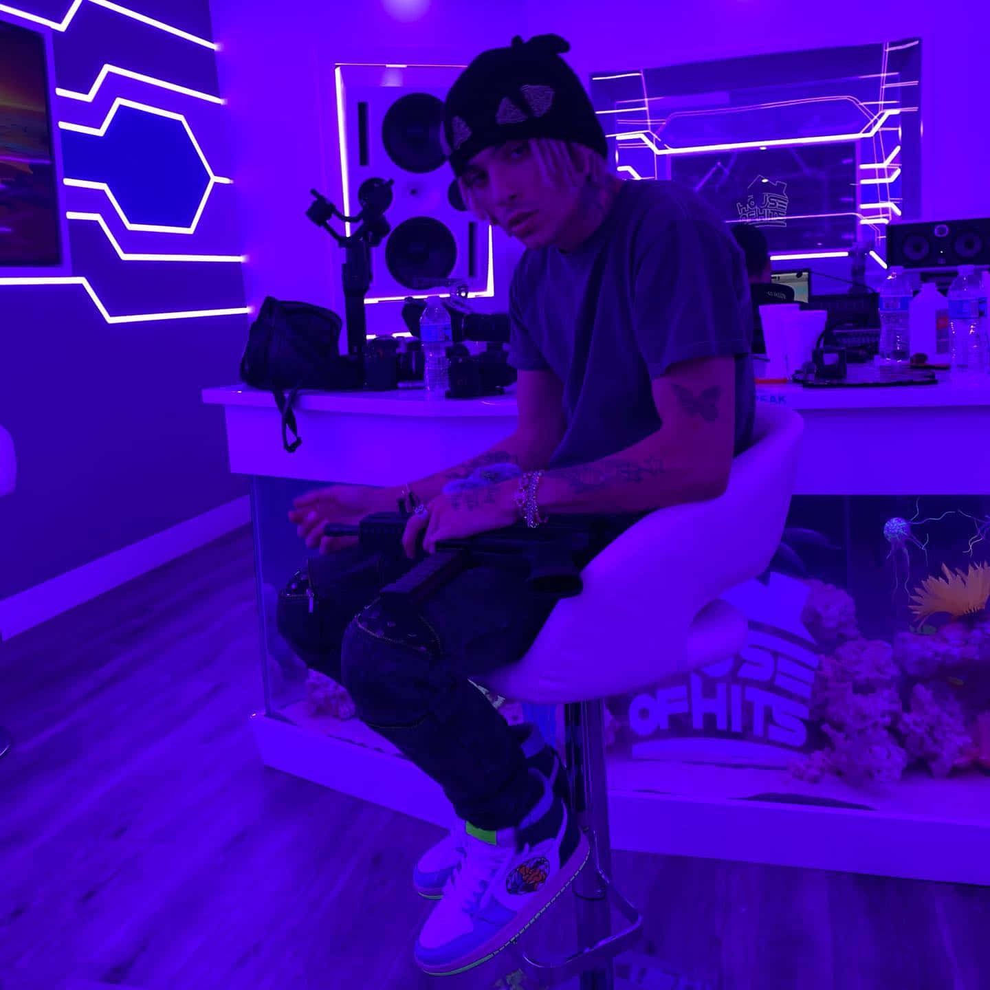 Lil Pump, neon purple lit room, glowing circuit patterns, HD Desktop Wallpaper