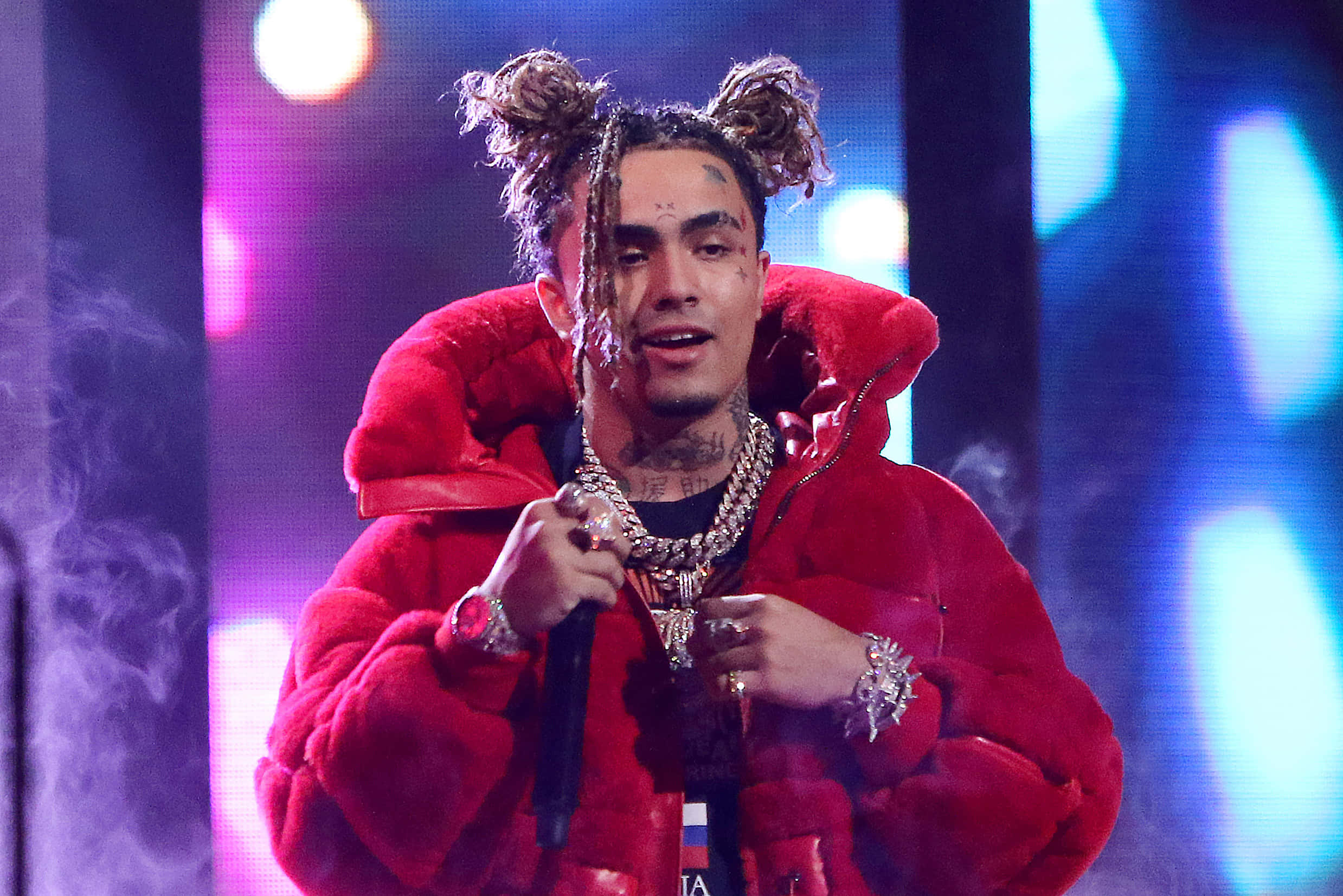 Lil Pump, red fur coat, vibrant purple and blue lights, Full HD Desktop Wallpaper