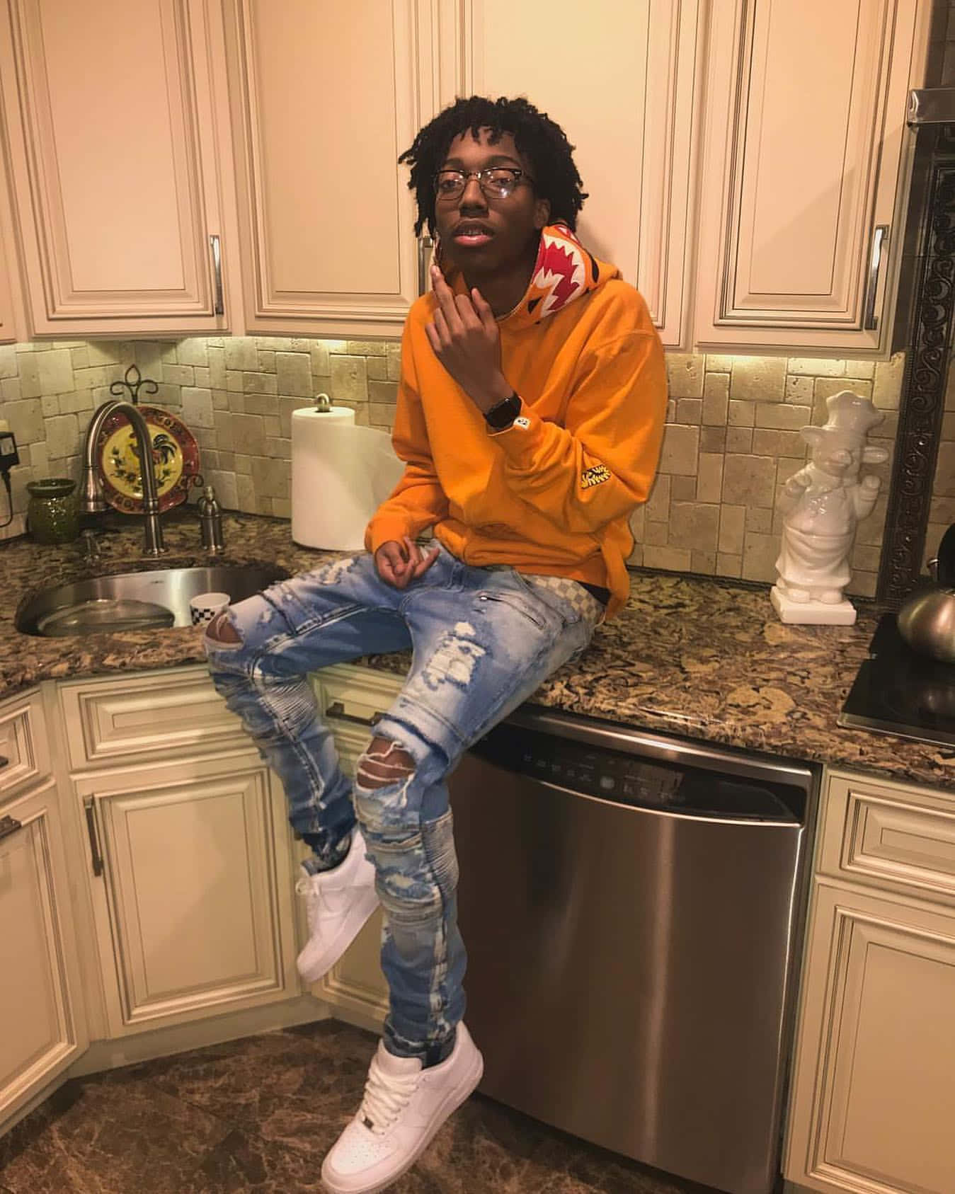 Lil Tecca, orange hoodie, ripped jeans, HD Phone Wallpaper