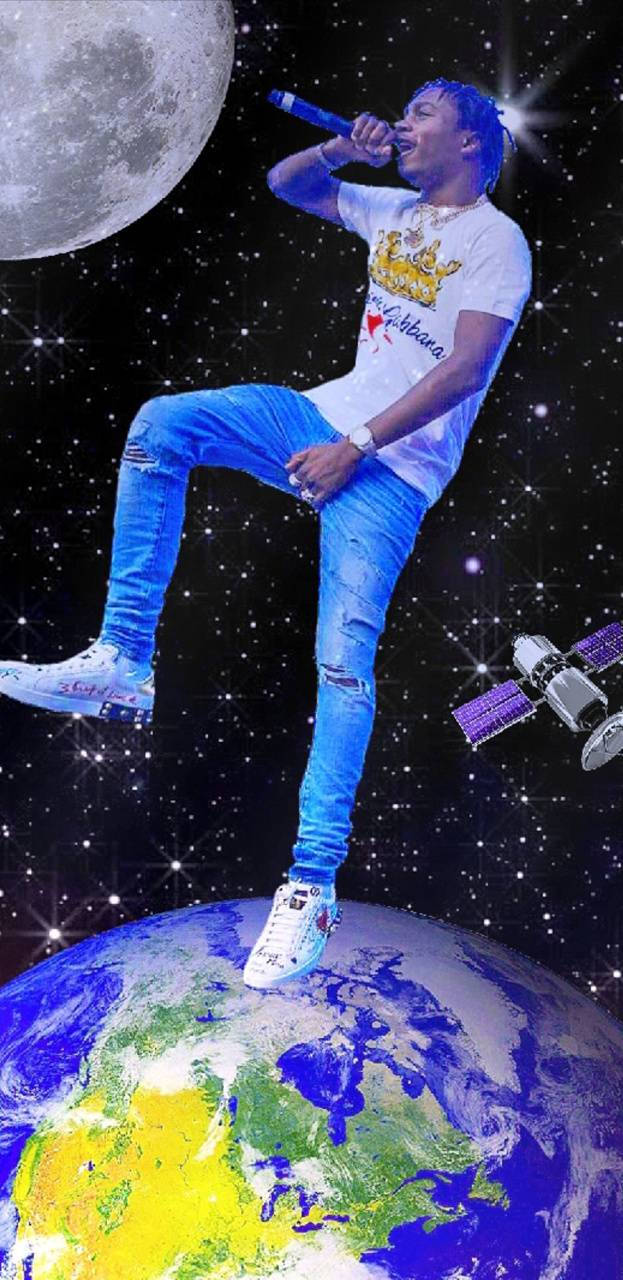 Lil Tjay, blue hair, glowing Earth, HD Phone Wallpaper
