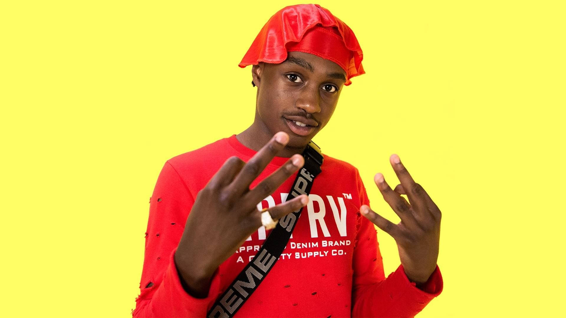 Lil Tjay, red outfit, hat, Full HD Desktop Wallpaper