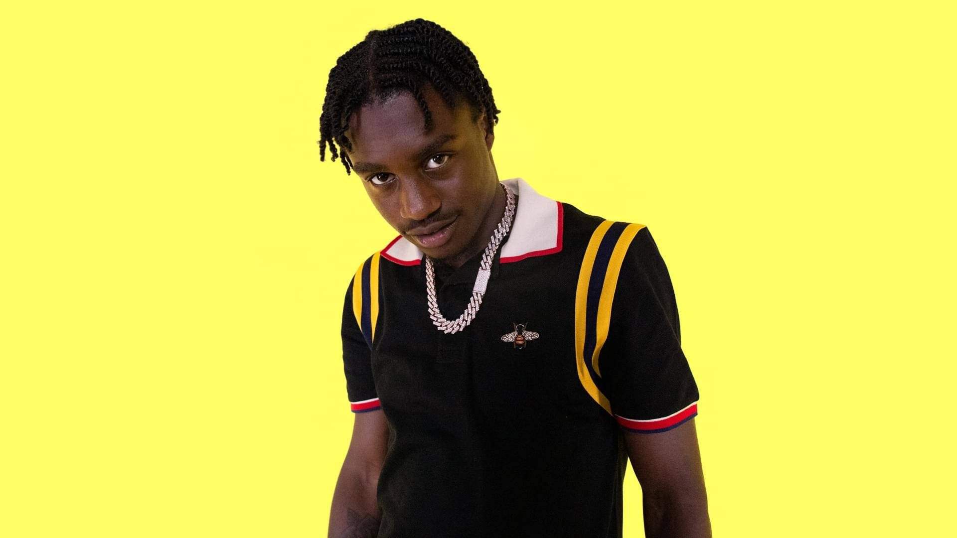 Lil Tjay, black polo shirt, yellow stripes, Full HD Desktop Wallpaper