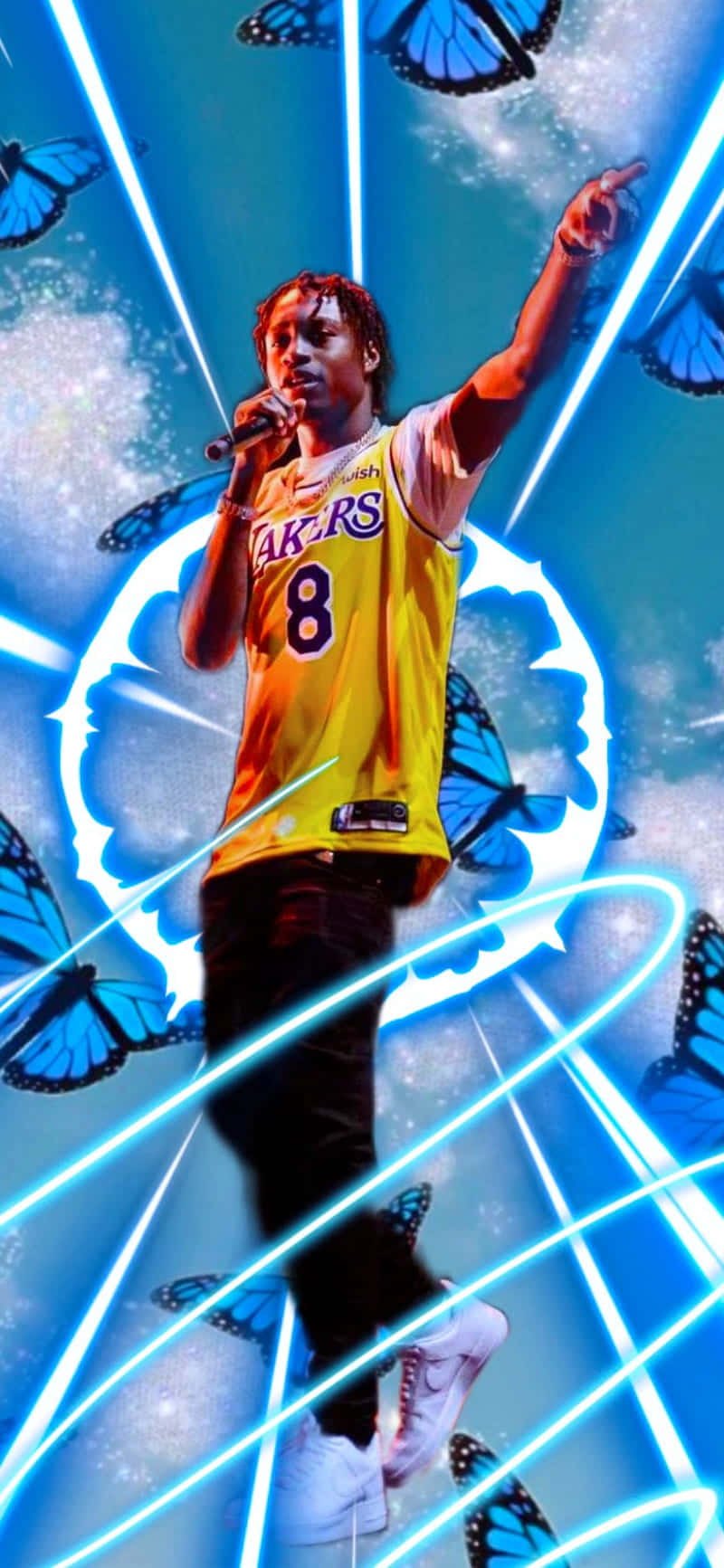 Lil Tjay, yellow Lakers jersey, glowing blue energy beams, HD Phone Wallpaper