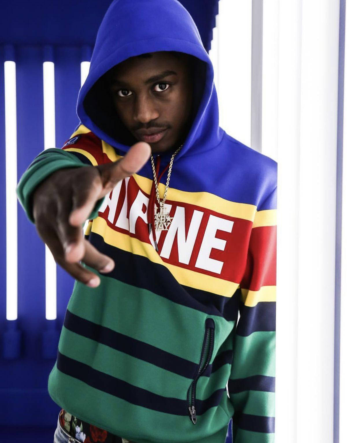 Lil Tjay, neon lights, colorful striped hoodie, HD Phone Wallpaper