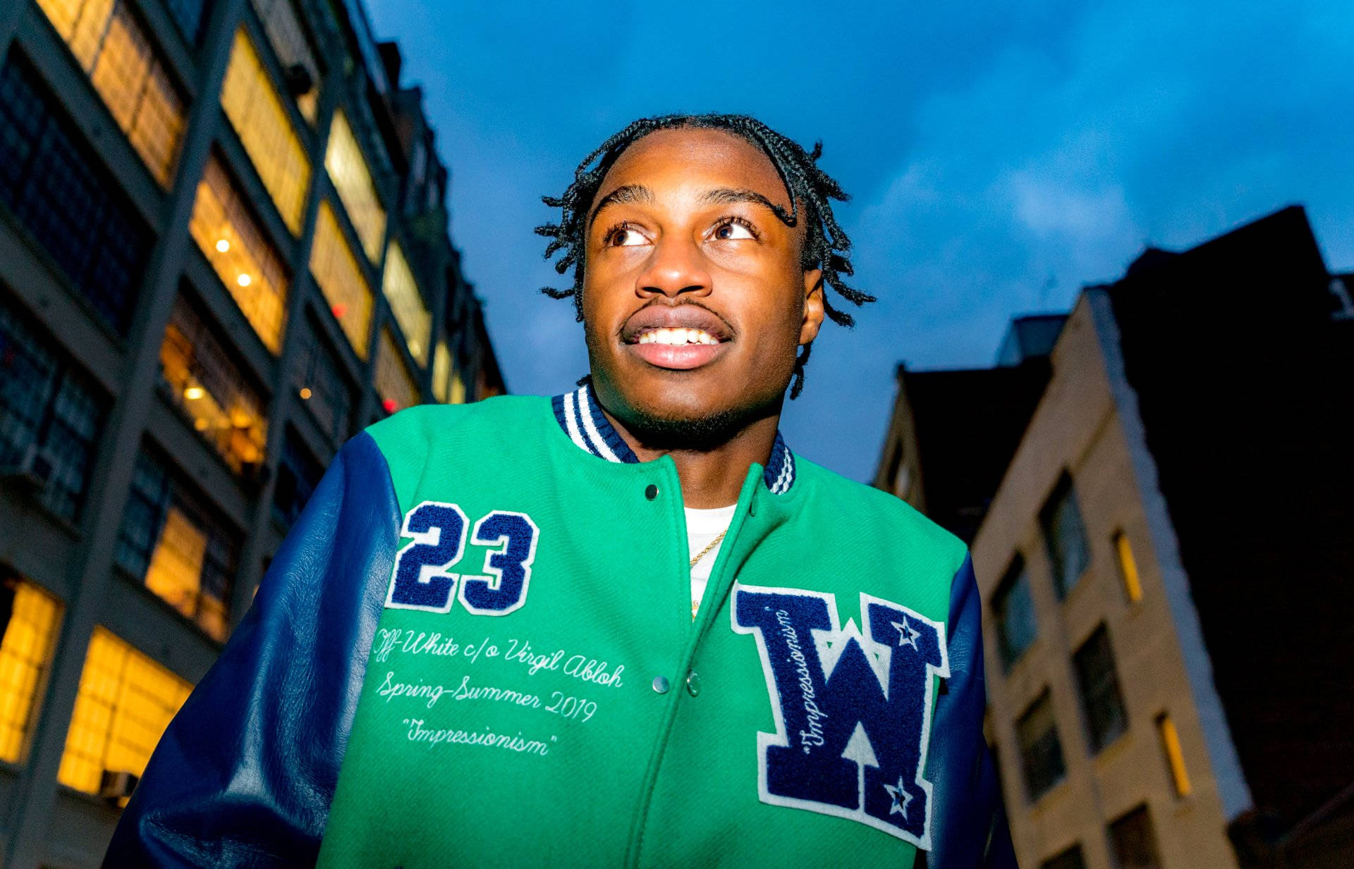 Lil Tjay, varsity jacket, green and blue, Full HD Desktop Wallpaper