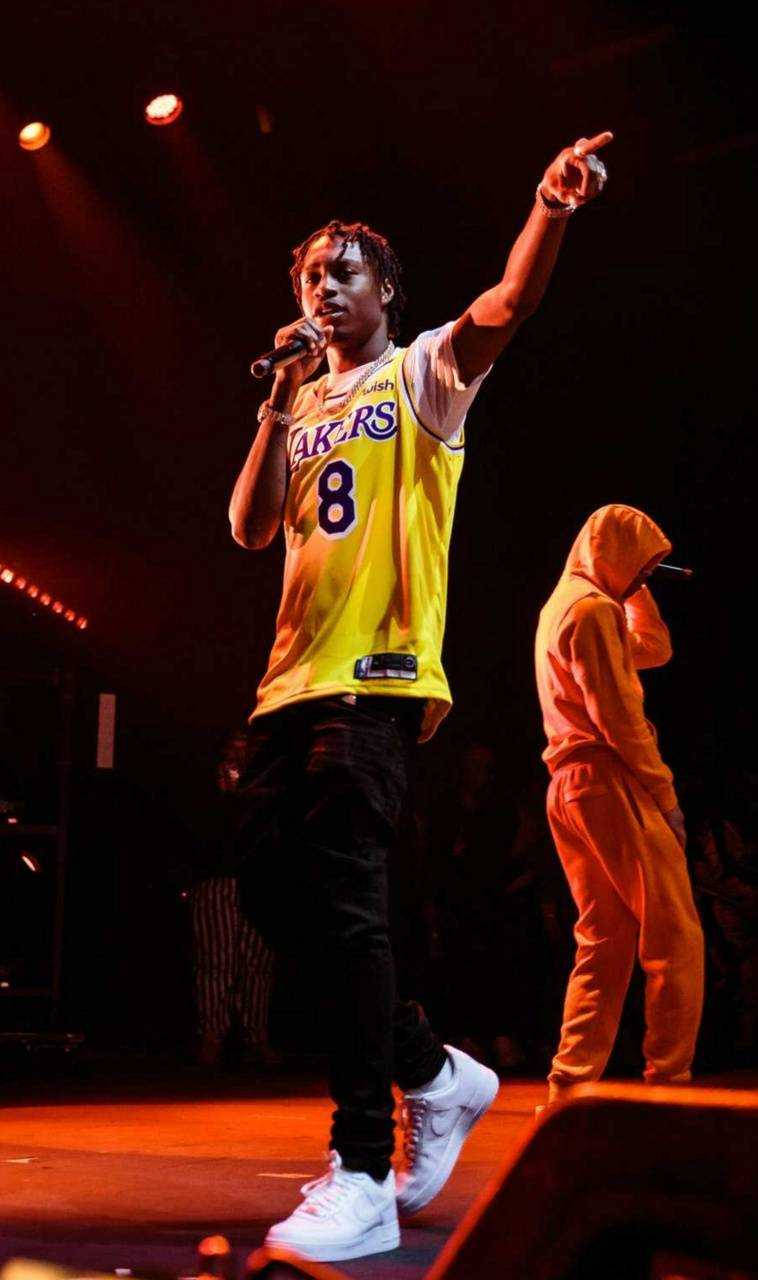 Lil Tjay, yellow Lakers jersey, warm spotlights, HD Phone Wallpaper