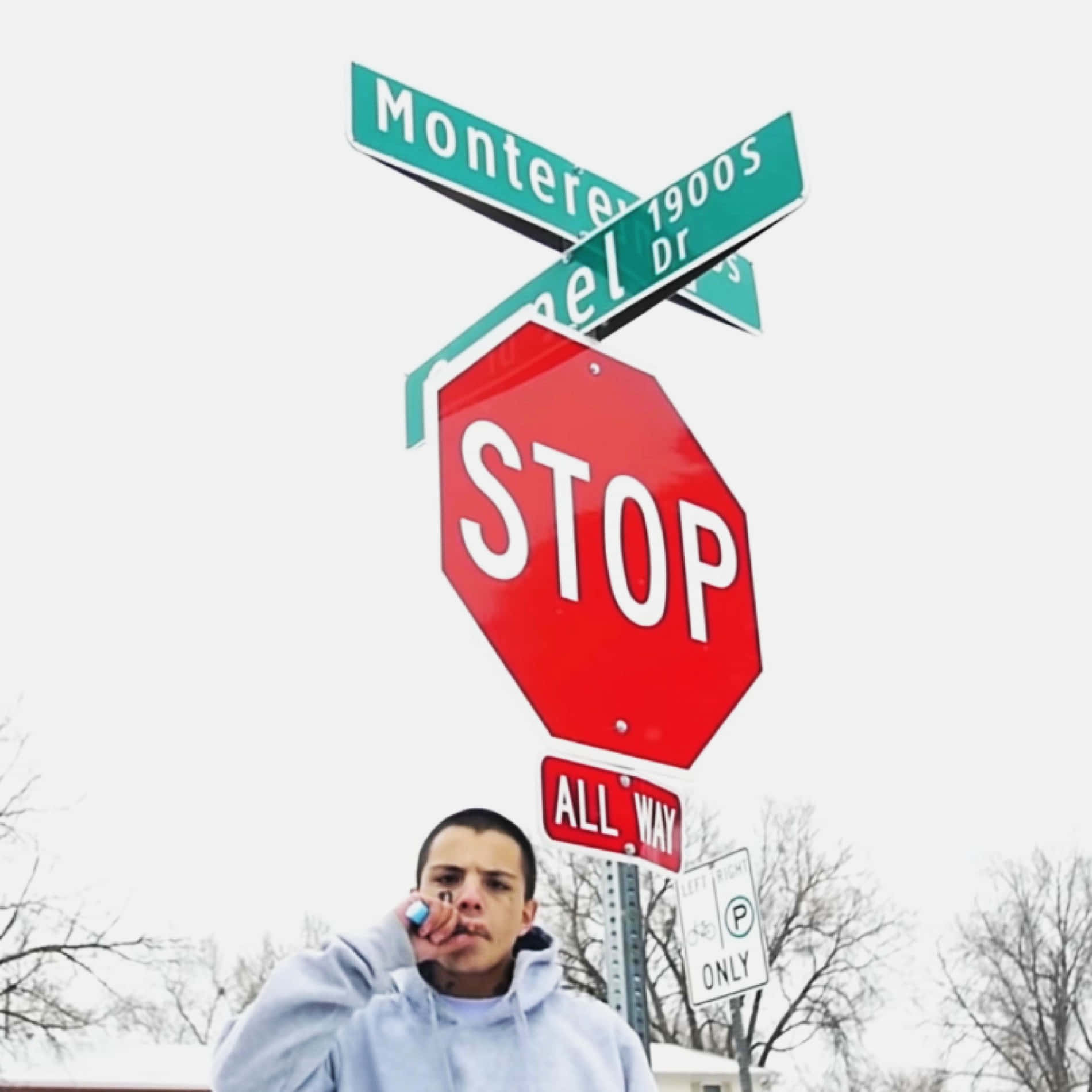 Lil Travieso, light blue hoodie, red stop sign, HD Desktop Wallpaper