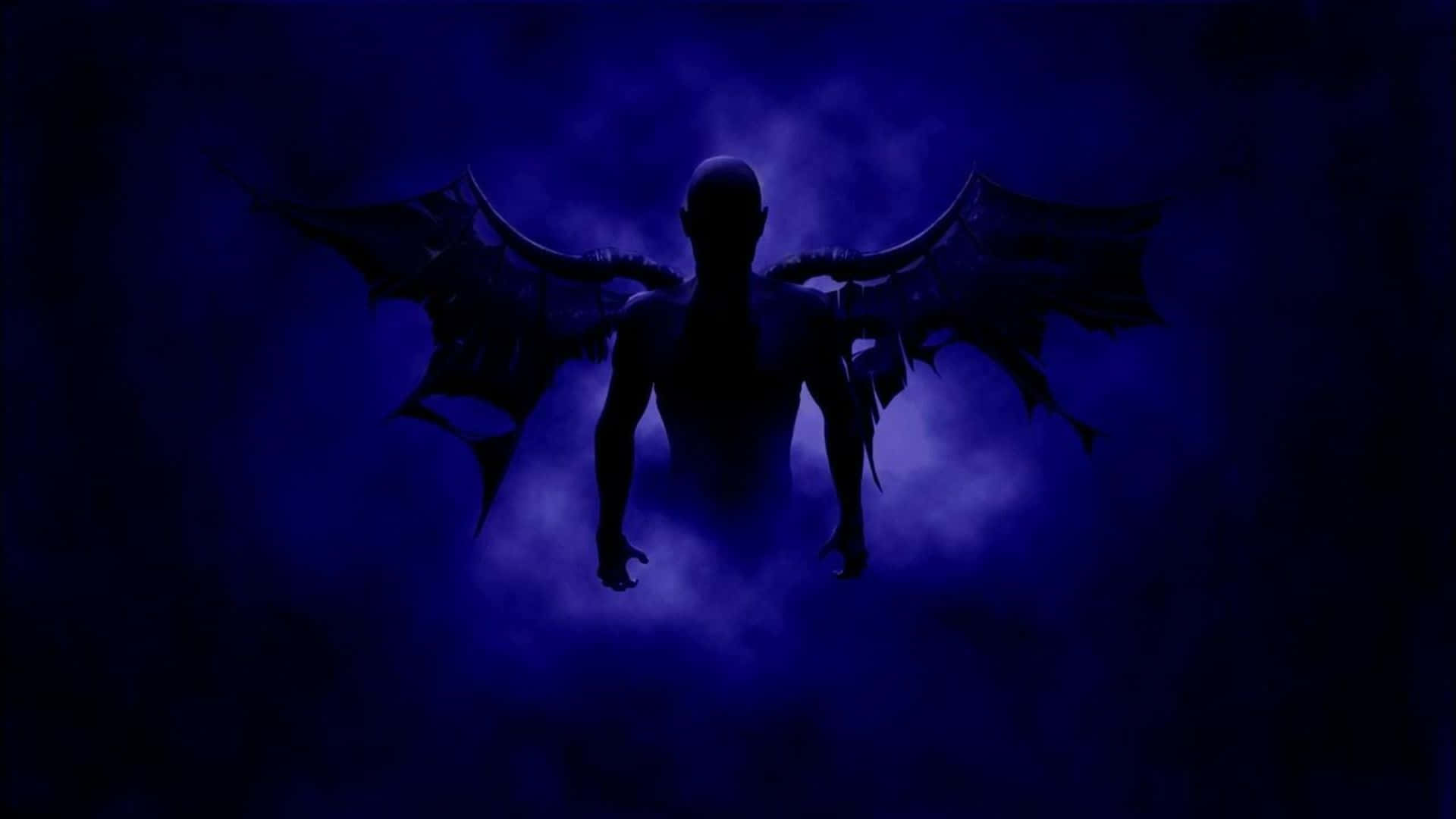 Lil Travieso, dark winged silhouette, swirling blue smoke, Full HD Desktop Wallpaper