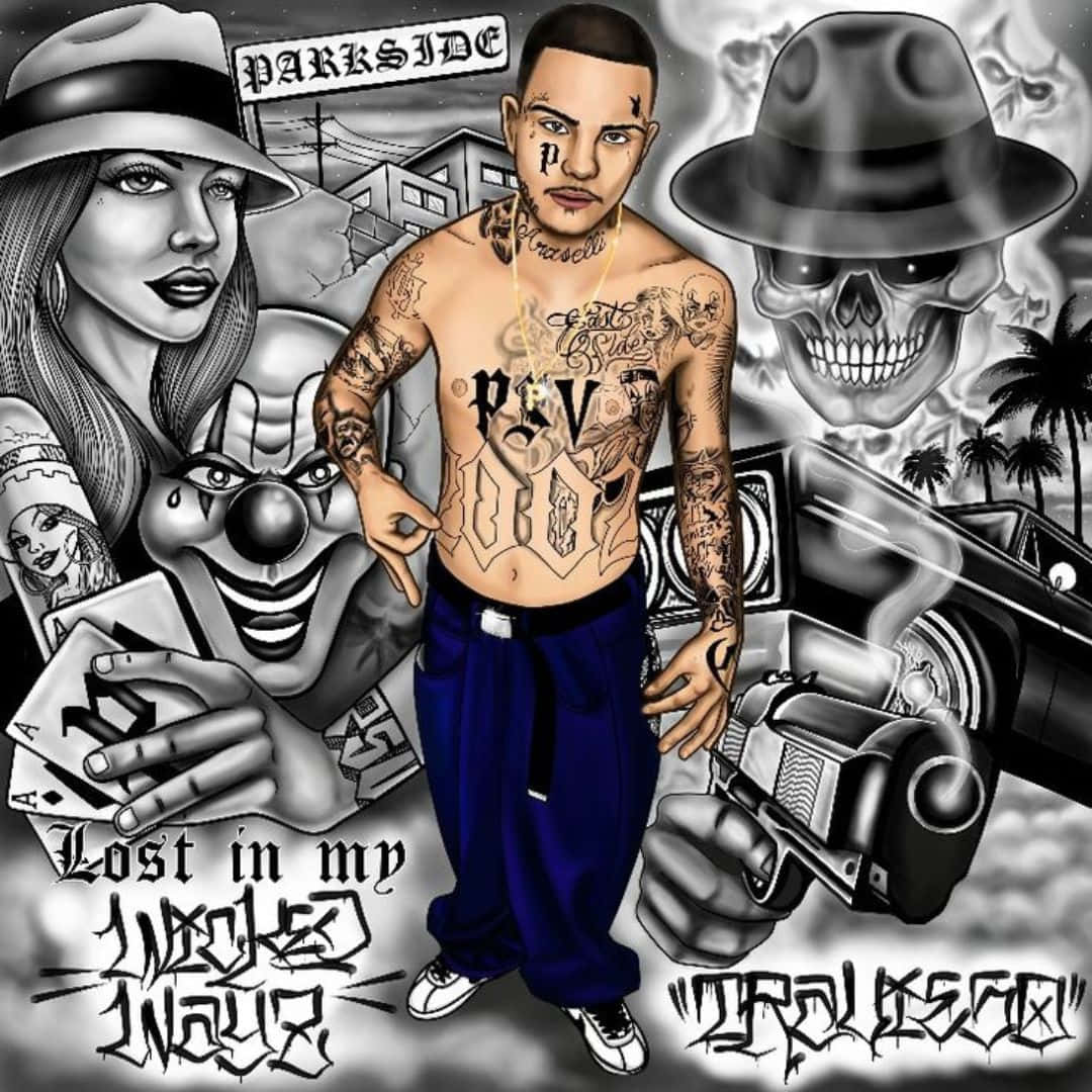 Lil Travieso, skull in a fedora, clown holding cards, SD Desktop Wallpaper