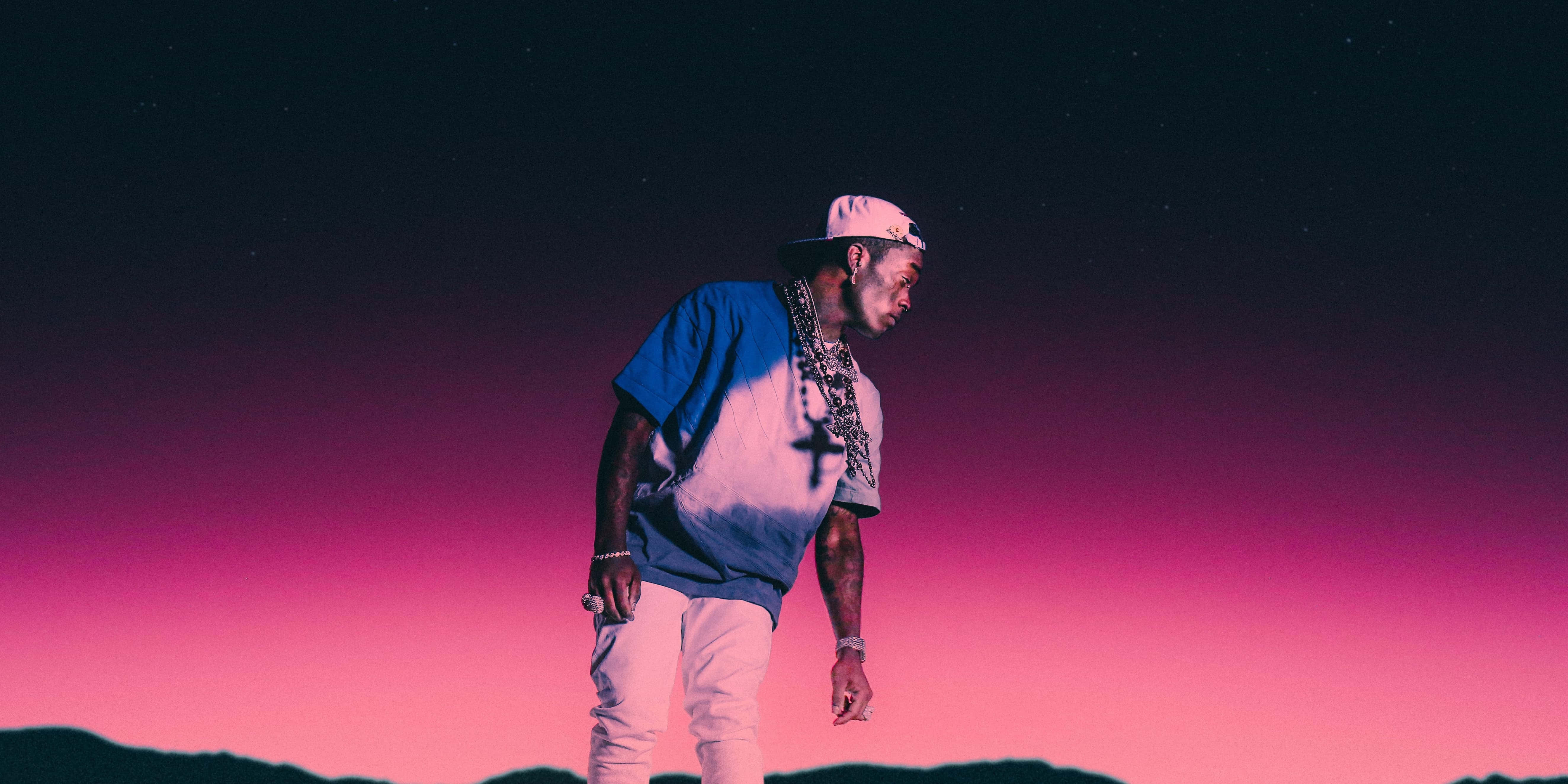 Lil Uzi Vert, blue and white shirt, vibrant pink and purple twilight sky, 5K Desktop Wallpaper