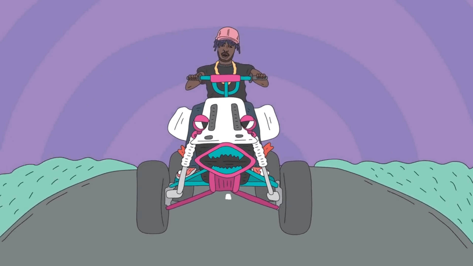 Lil Uzi Vert, pink and teal ATV, gray road, Full HD Desktop Wallpaper