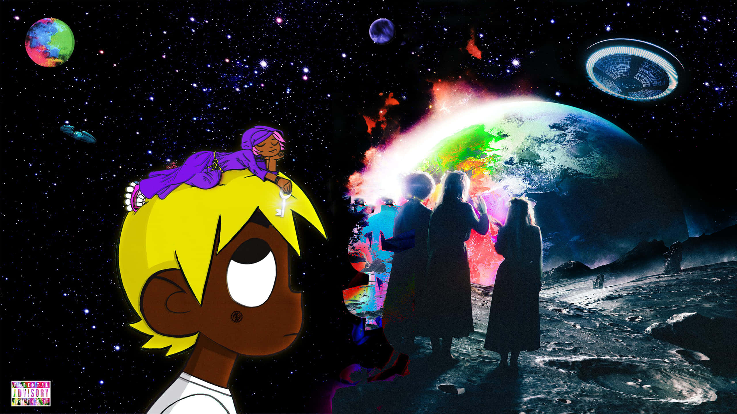Lil Uzi Vert, purple-haired girl, glowing planet, 2K Desktop Wallpaper