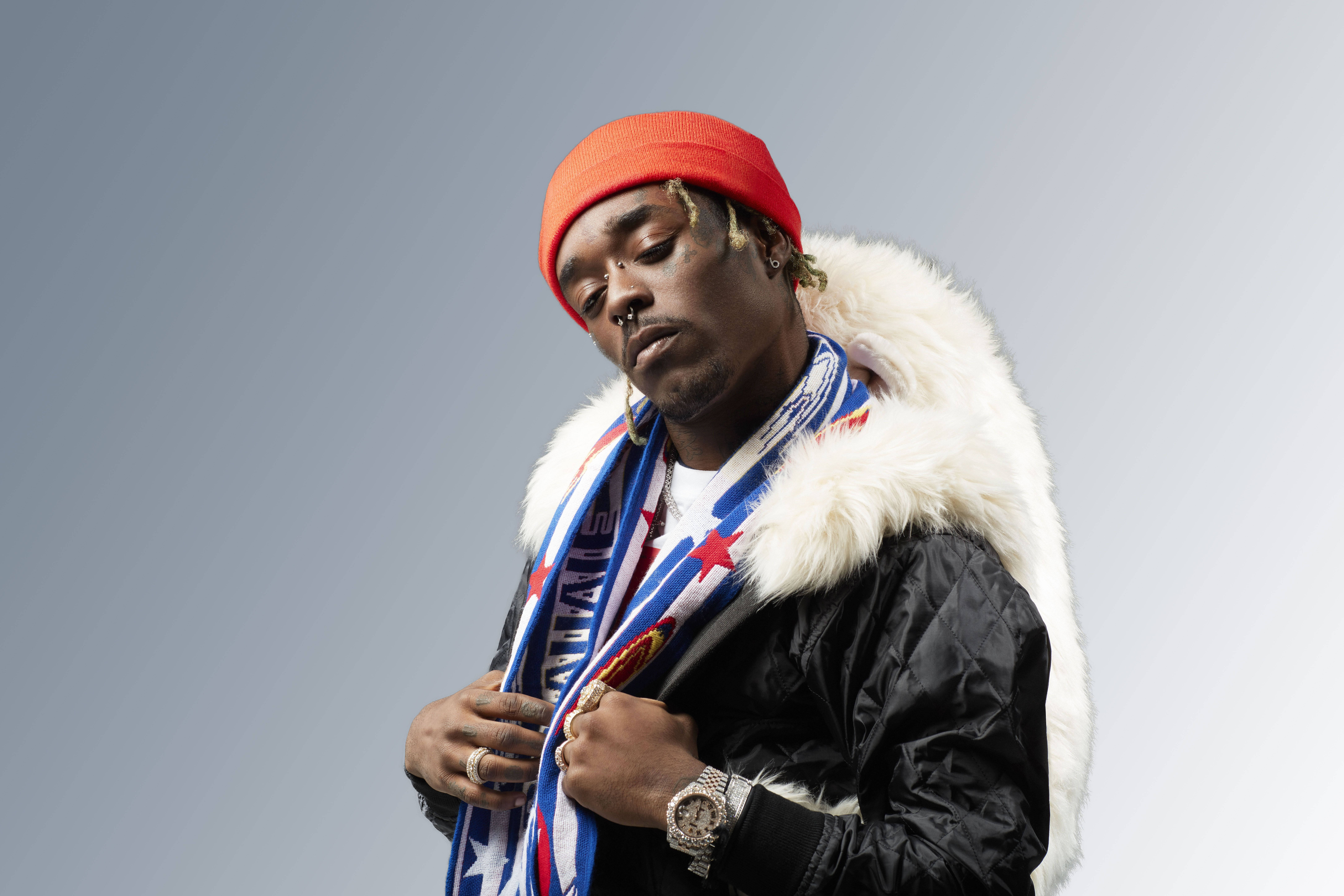 Lil Uzi Vert, white fur jacket, red beanie, 8K Desktop Wallpaper