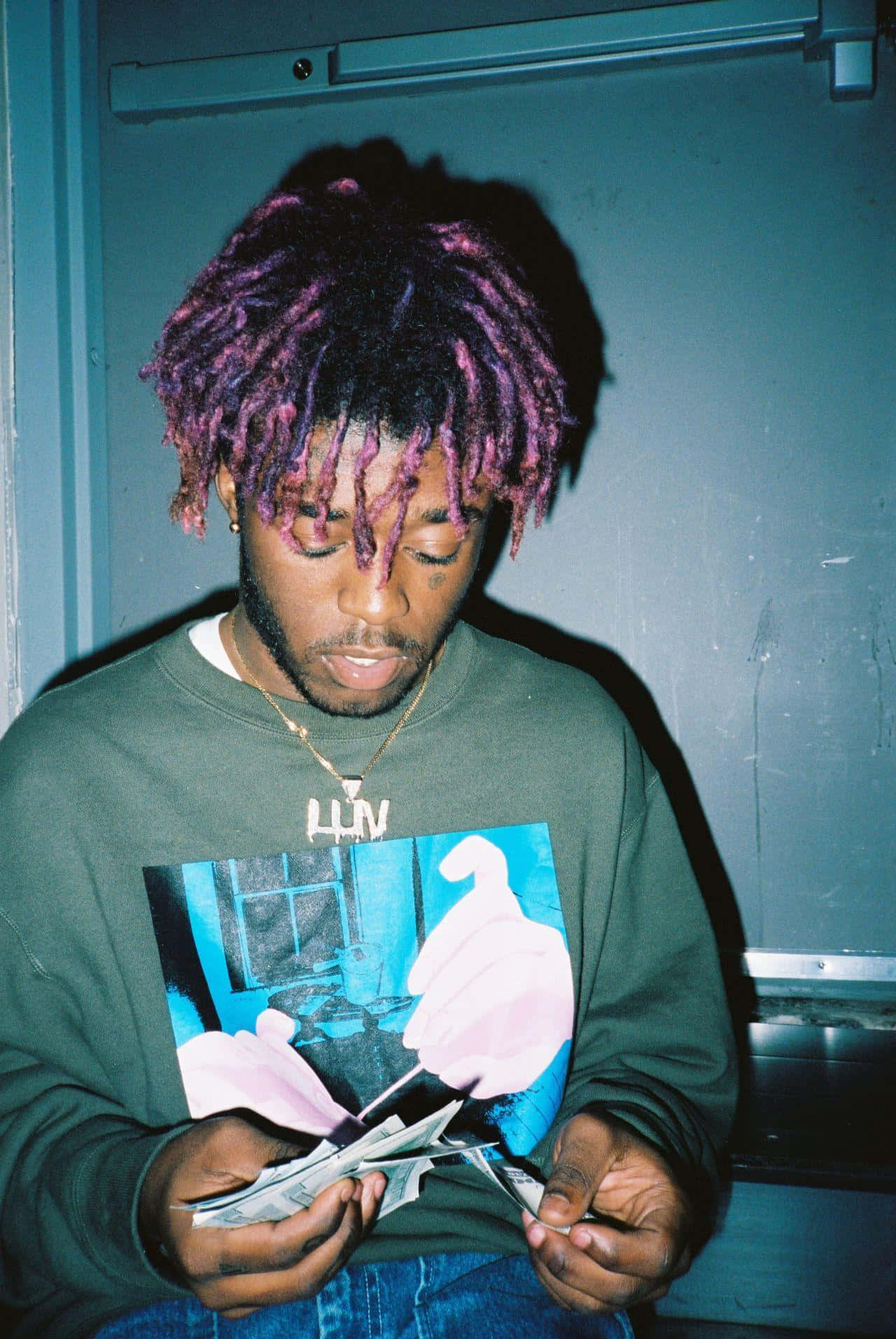 Lil Uzi Vert, vibrant purple dreadlocks, graphic sweatshirt, HD Phone Wallpaper