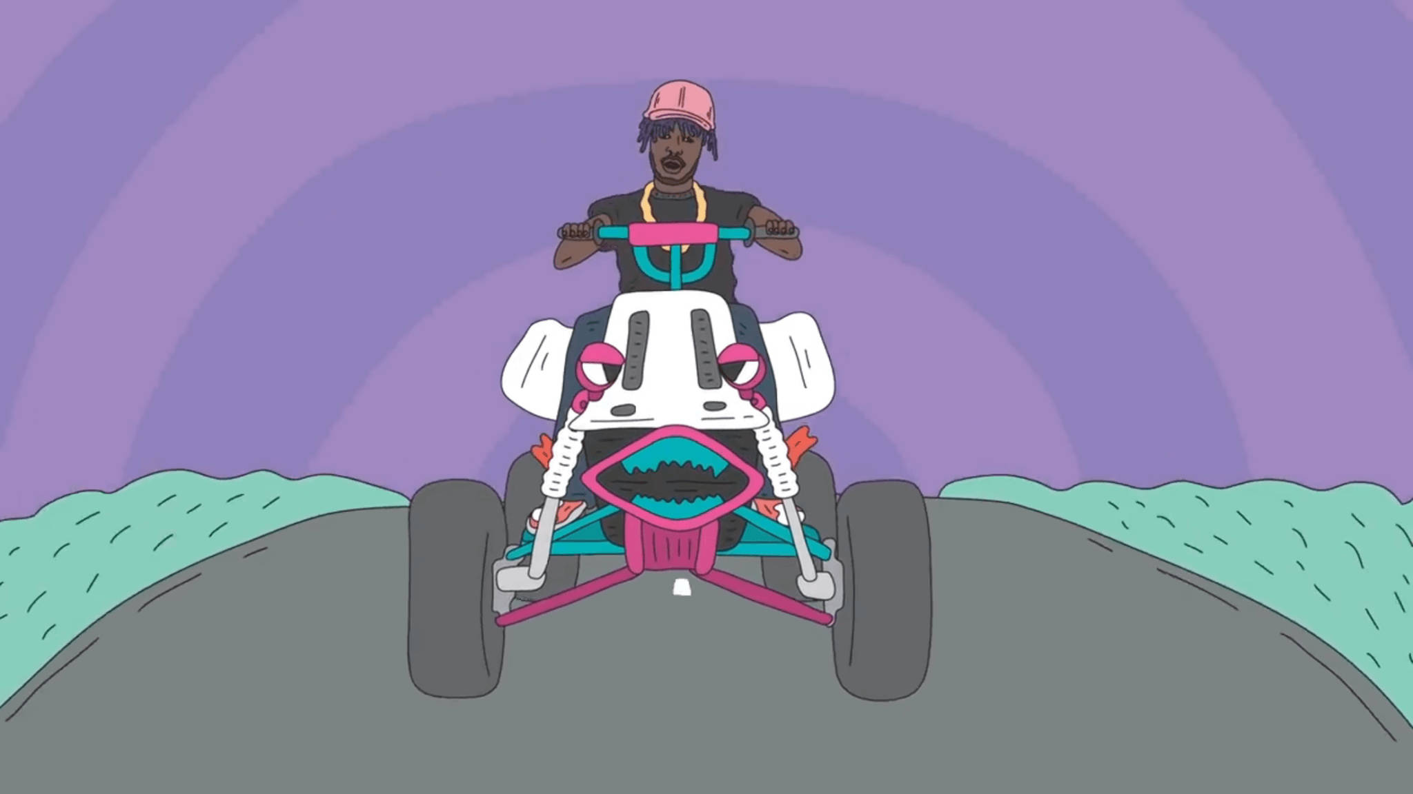 Cartoon Lil Uzi Vert, pink and white ATV, gray hill, Full HD Desktop Wallpaper