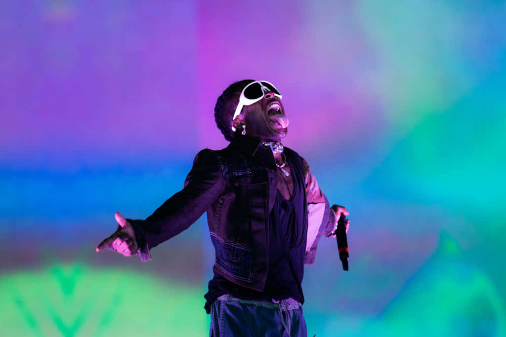 Lil Uzi Vert, white sunglasses, vibrant purple and teal gradient backdrop, SD Desktop Wallpaper