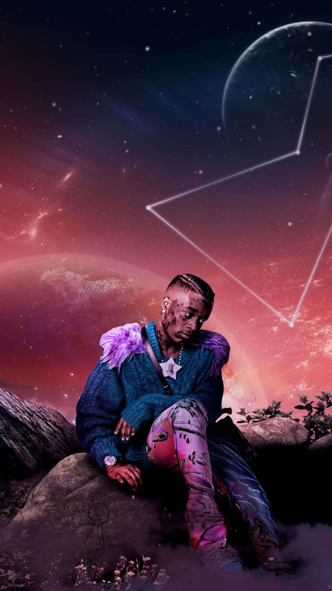 Lil Uzi Vert, purple feathered shoulders, cosmic sky, Full HD Phone Wallpaper