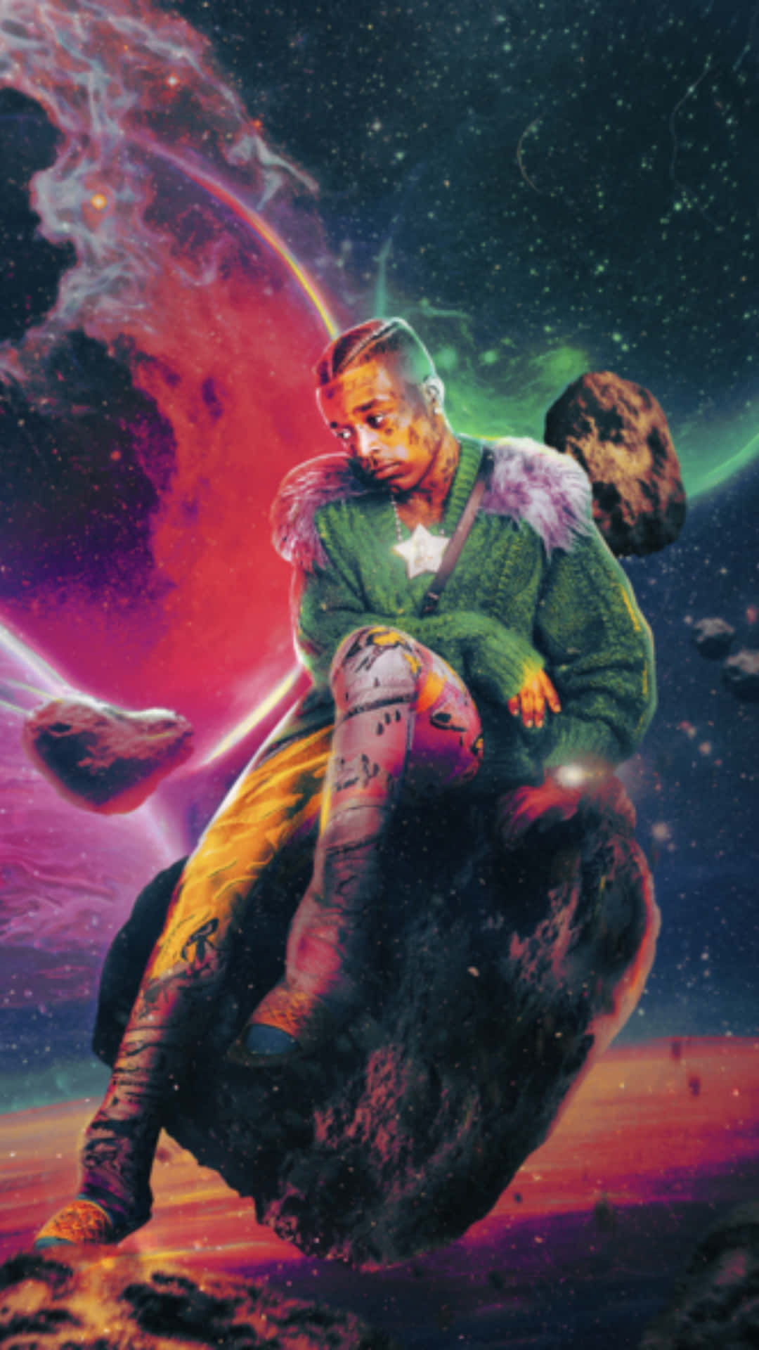 Lil Uzi Vert, floating asteroid, cosmic backdrop, Full HD Phone Wallpaper