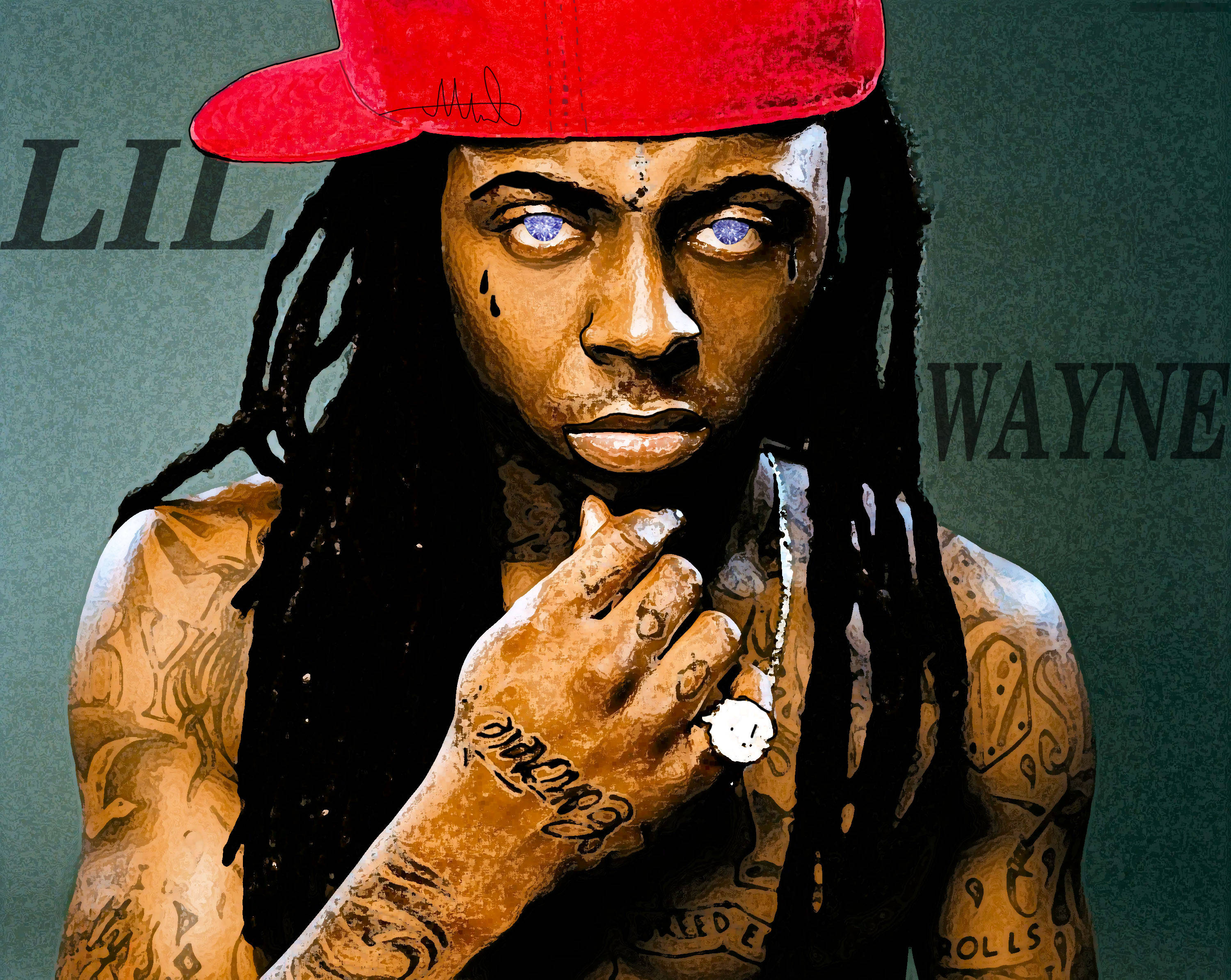 Lil Wayne, red cap, glowing blue eyes, 2K Desktop Wallpaper