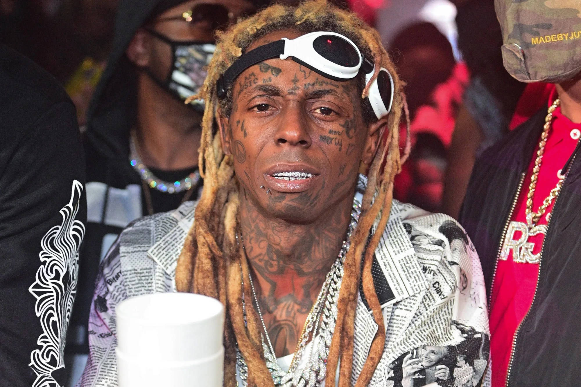 Lil Wayne, white goggles, newspaper print jacket, Full HD Desktop Wallpaper