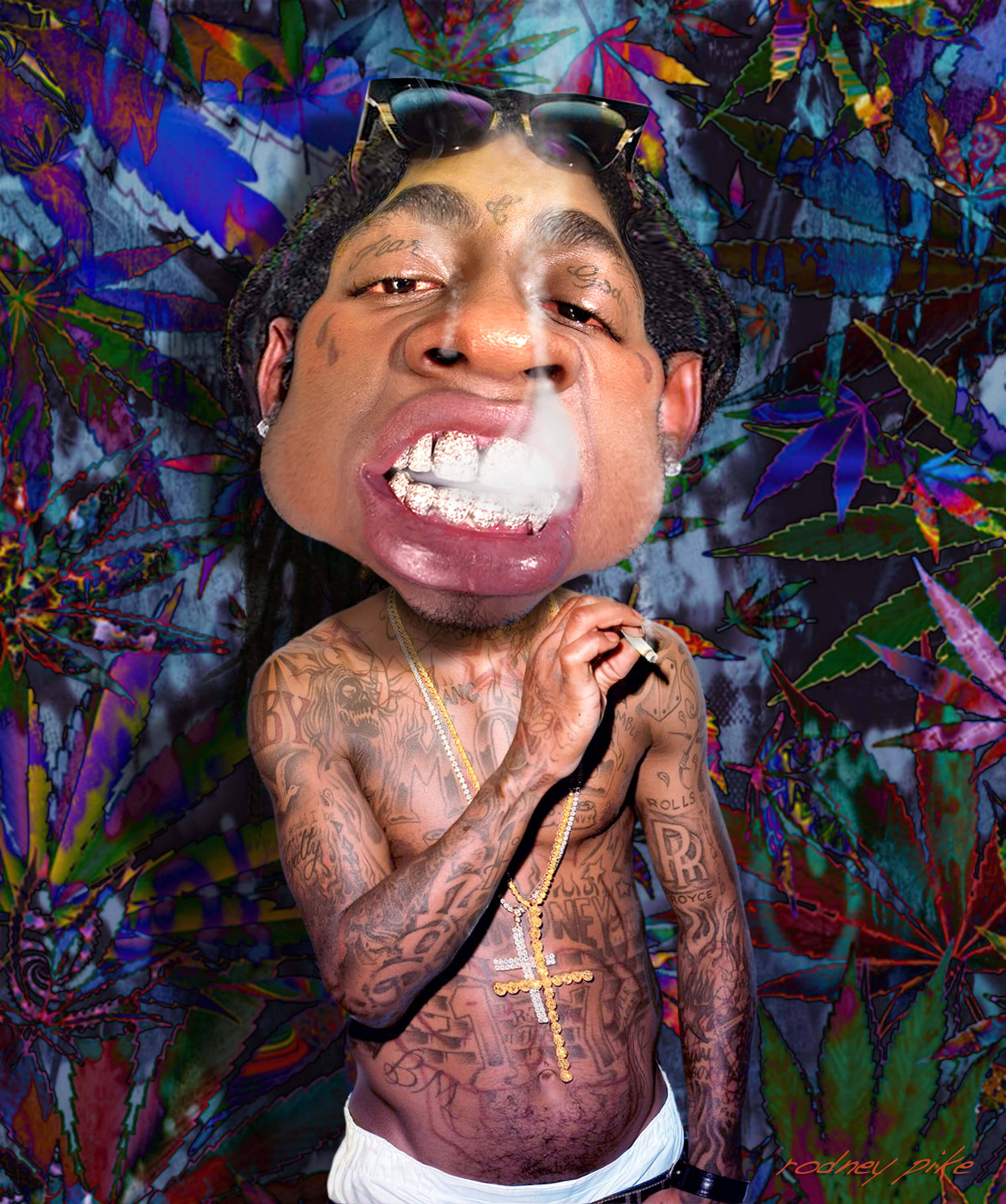 Lil Wayne, tattooed man, psychedelic cannabis leaf background, 2K Phone Wallpaper