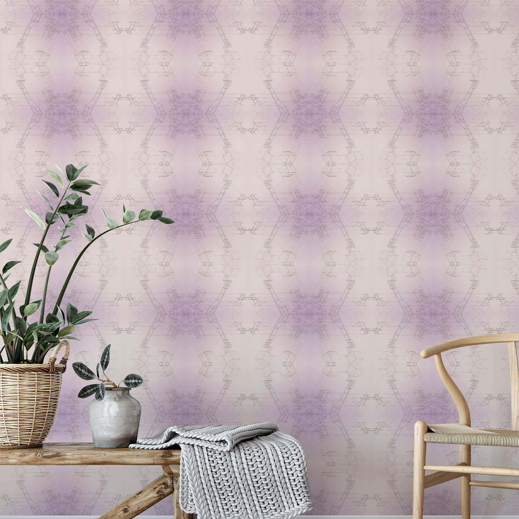 lilac color, lavender geometric wallpaper, wooden table, HD Desktop Wallpaper
