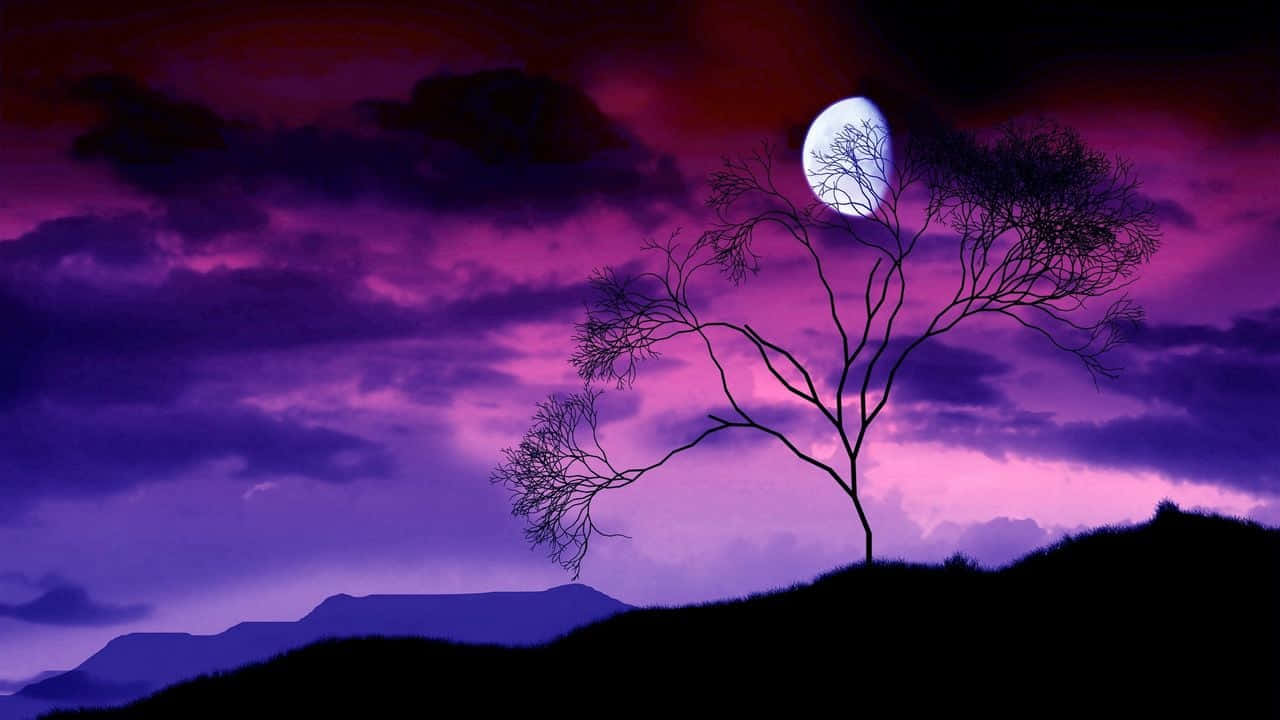 Lilac Tree, vibrant purple and pink twilight sky, glowing crescent moon, HD Desktop Wallpaper