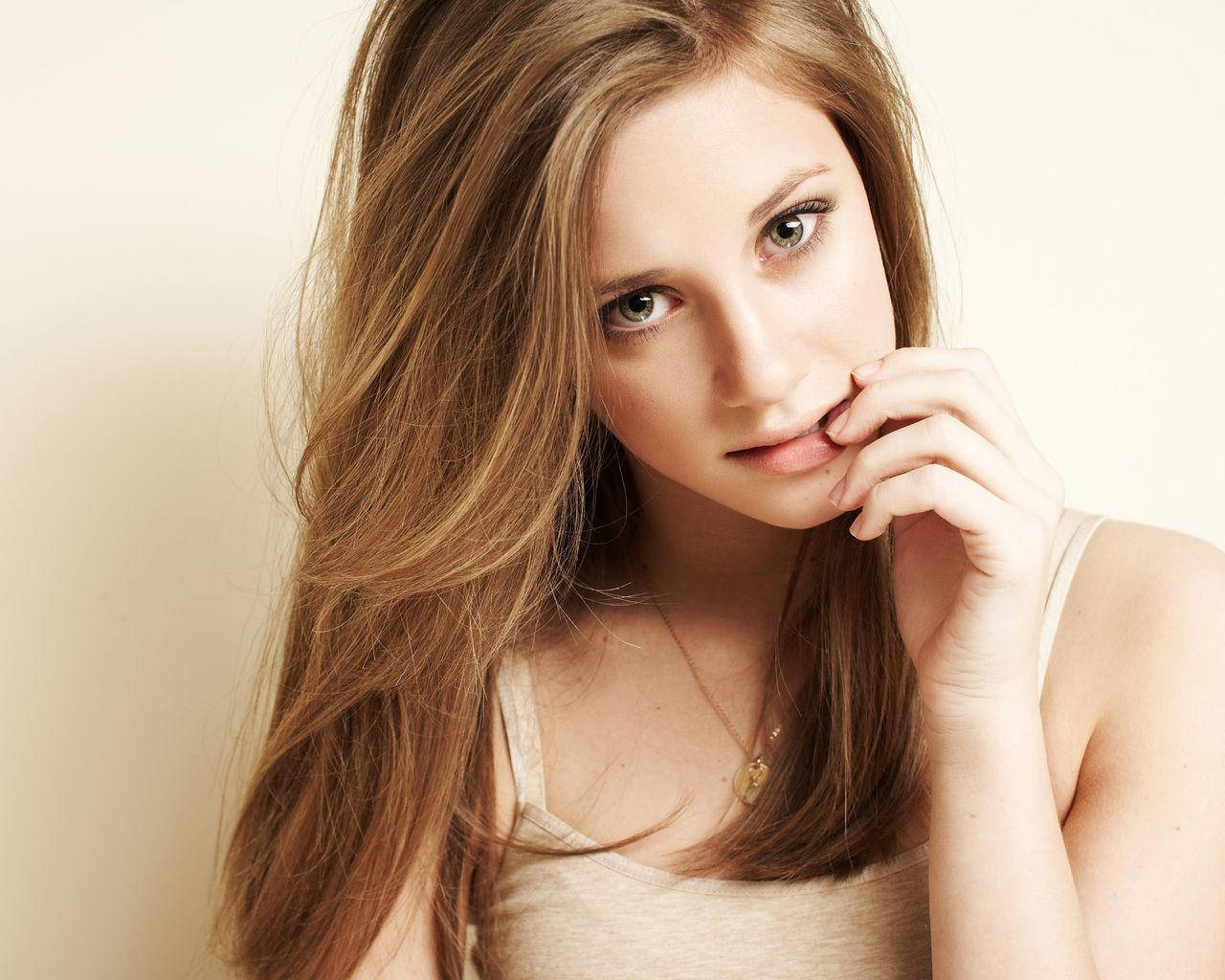 Lili Reinhart, fingers on lips, long brown hair, HD Desktop Wallpaper