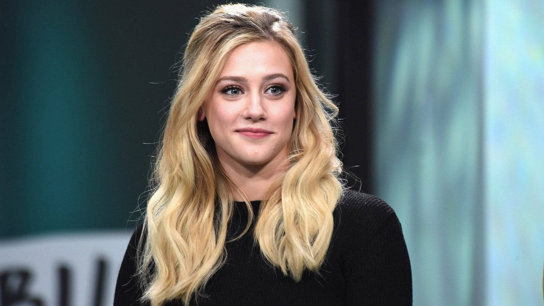 Lili Reinhart, black top, blurred teal and blue background, HD Desktop Wallpaper
