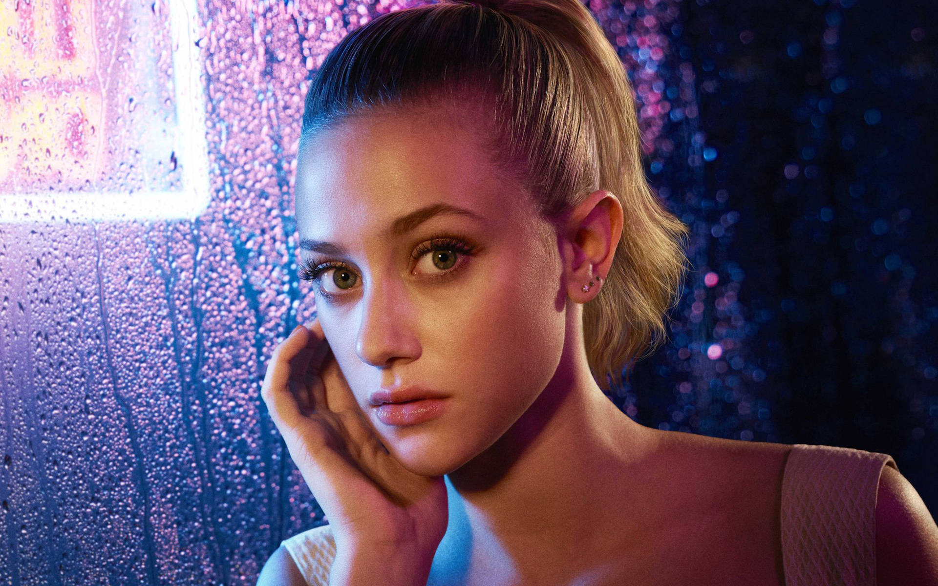 Lili Reinhart, ponytail, neon lights, Full HD Desktop Wallpaper