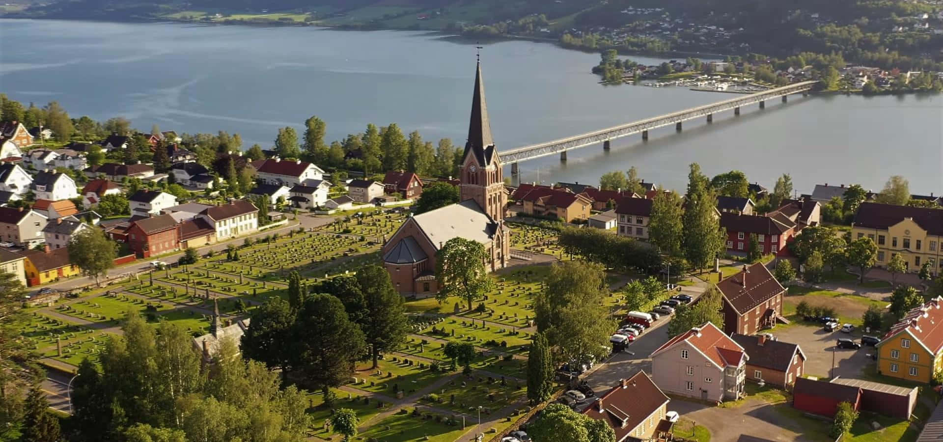 Lillehammer, aerial view, lakeside town, Full HD Desktop Wallpaper
