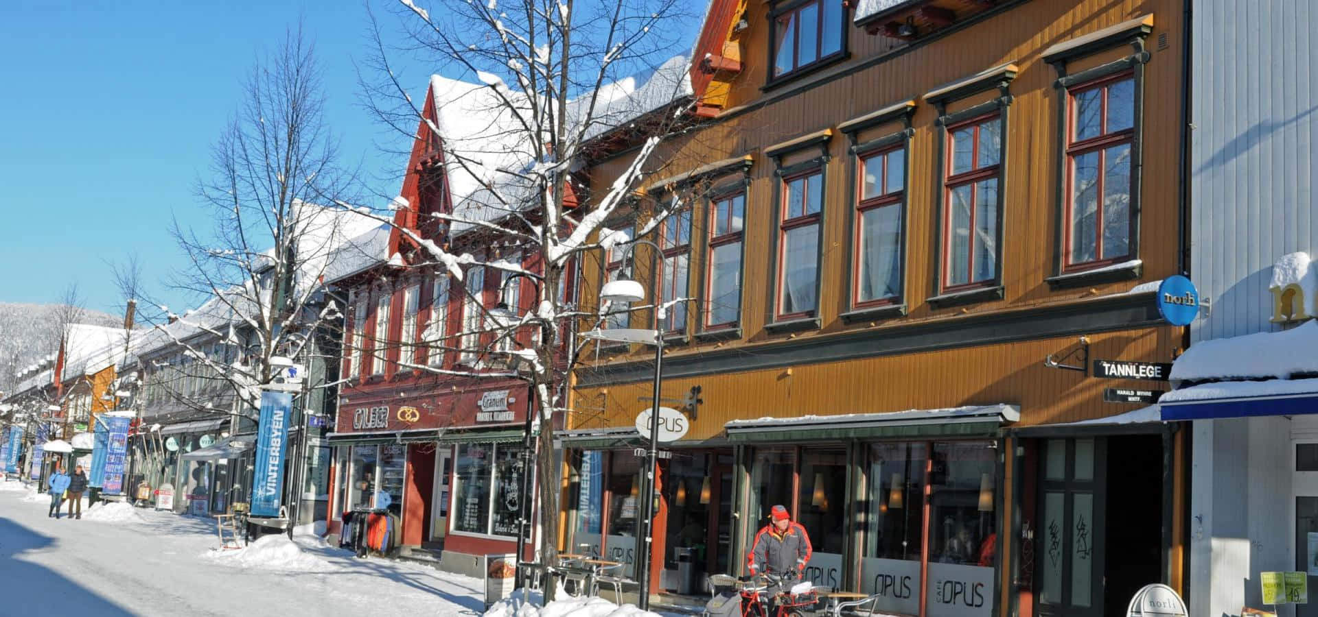 Lillehammer, snow, colorful wooden buildings, Full HD Desktop Wallpaper