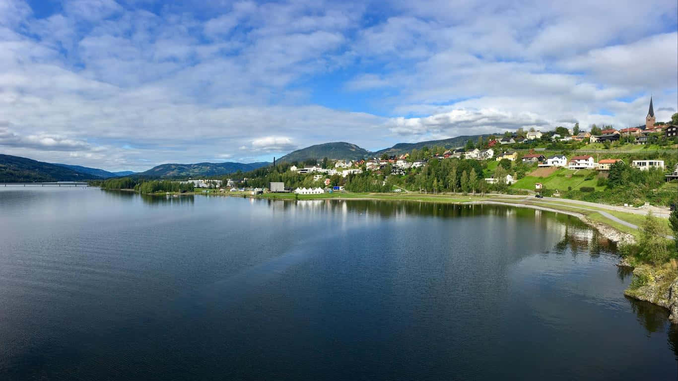 Lillehammer, sunset, lakeside town, HD Desktop Wallpaper