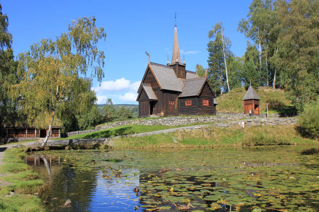 traditional Norwegian stave church, Lillehammer, pointed spire, SD Desktop Wallpaper